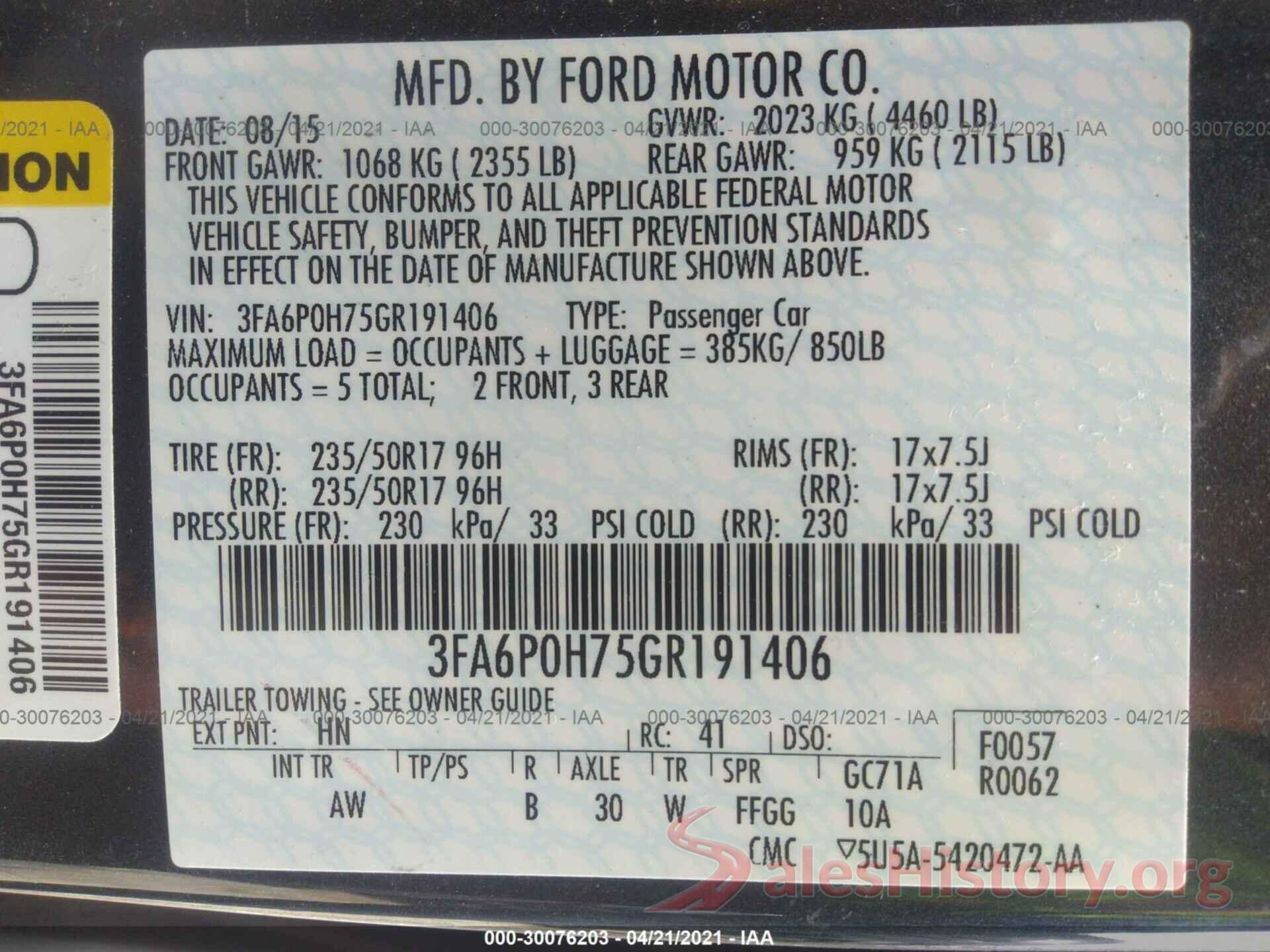 3FA6P0H75GR191406 2016 FORD FUSION