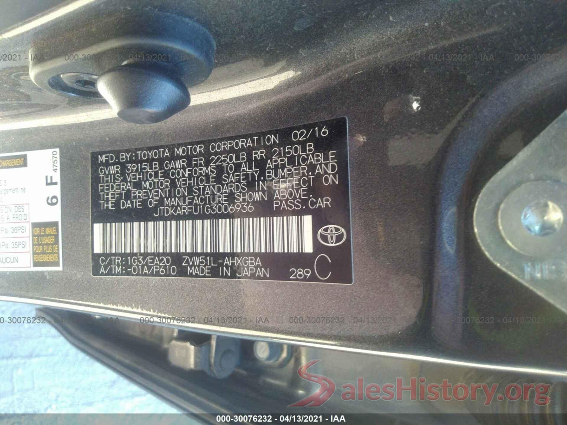 JTDKARFU1G3006936 2016 TOYOTA PRIUS