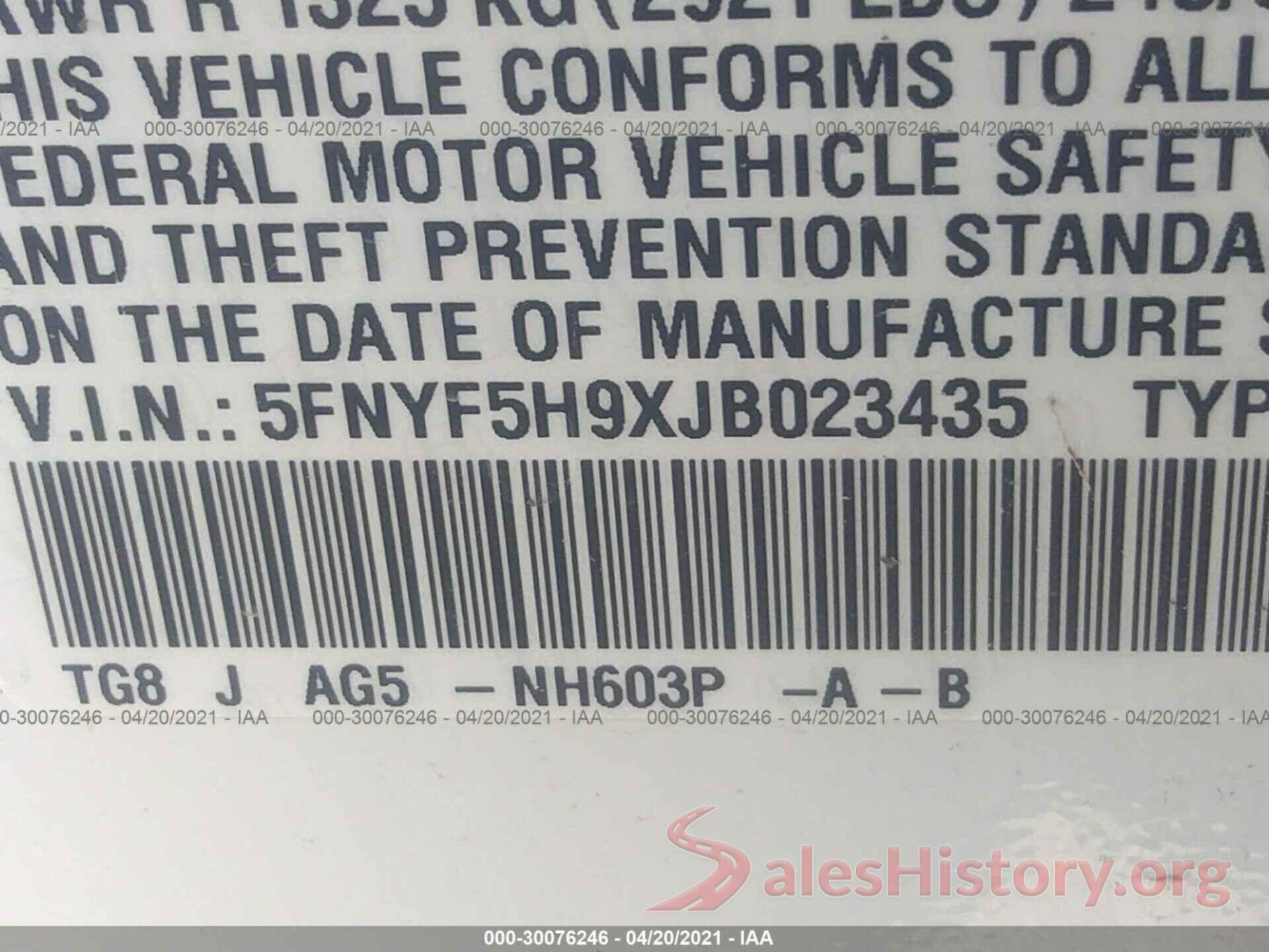 5FNYF5H9XJB023435 2018 HONDA PILOT