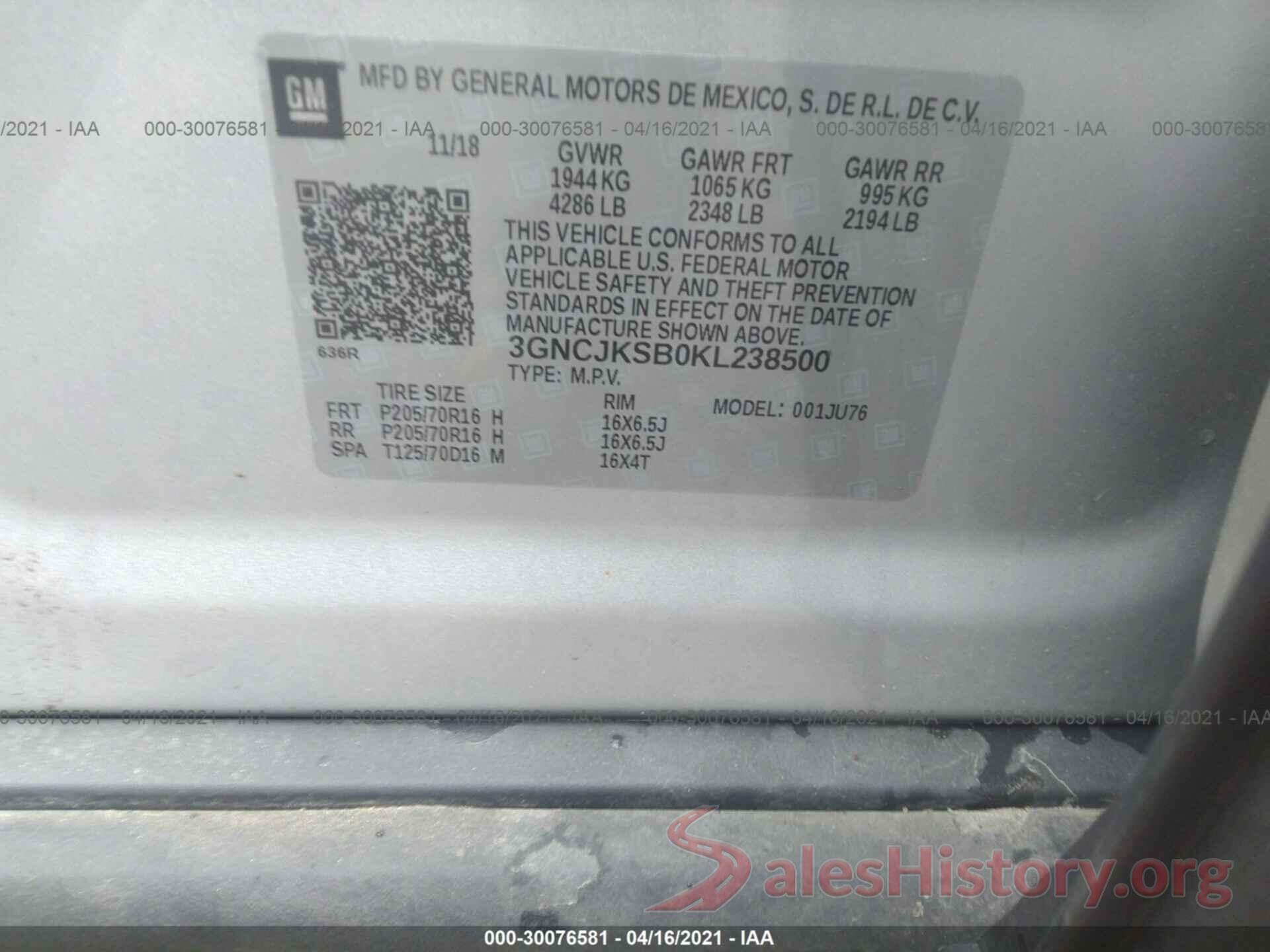 3GNCJKSB0KL238500 2019 CHEVROLET TRAX