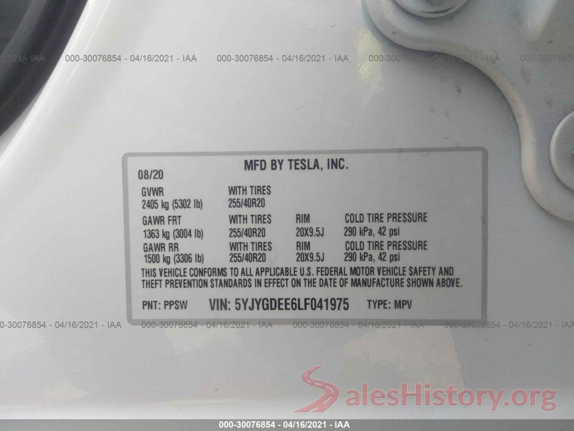 5YJYGDEE6LF041975 2020 TESLA MODEL Y