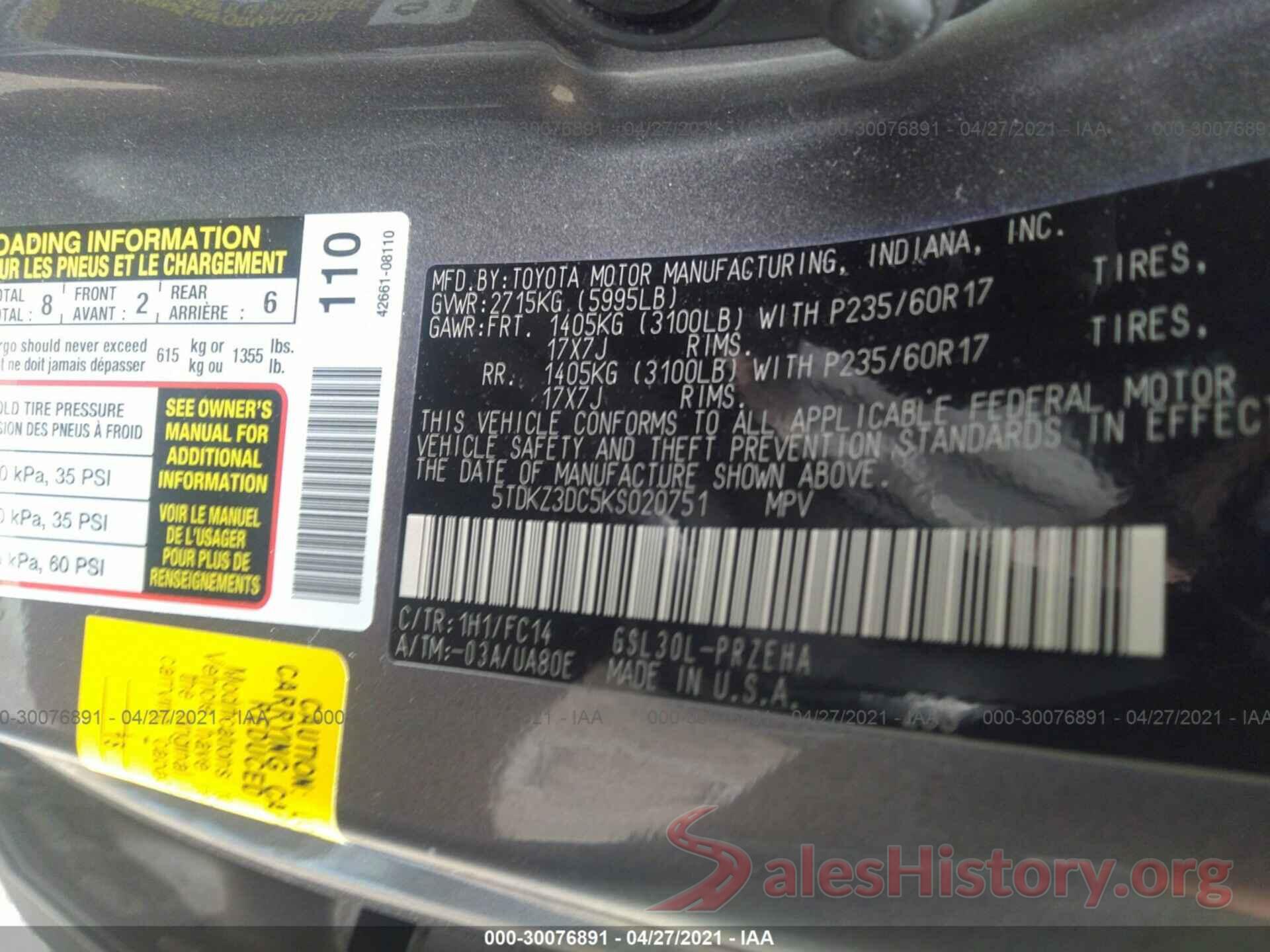 5TDKZ3DC5KS020751 2019 TOYOTA SIENNA