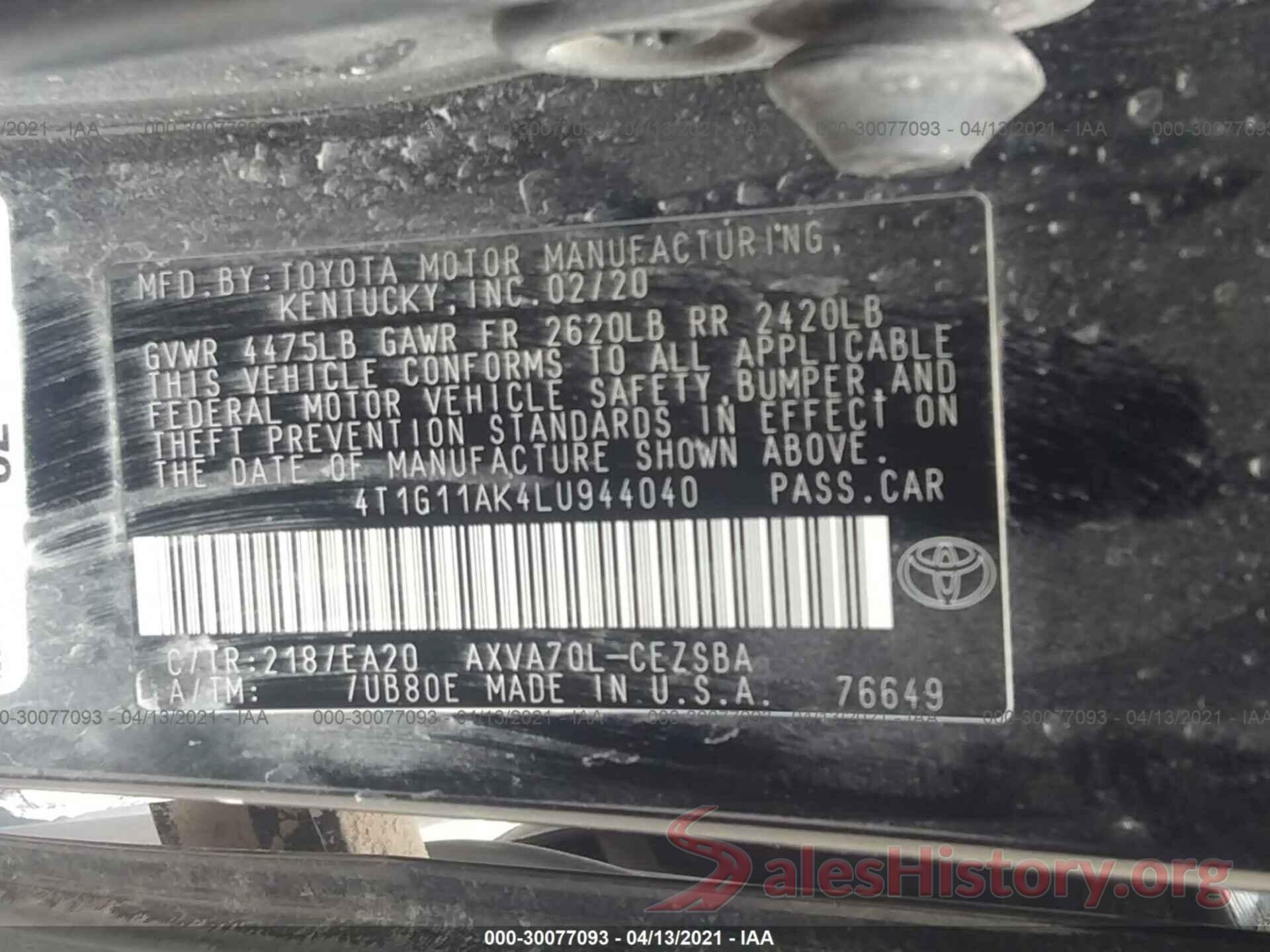 4T1G11AK4LU944040 2020 TOYOTA CAMRY