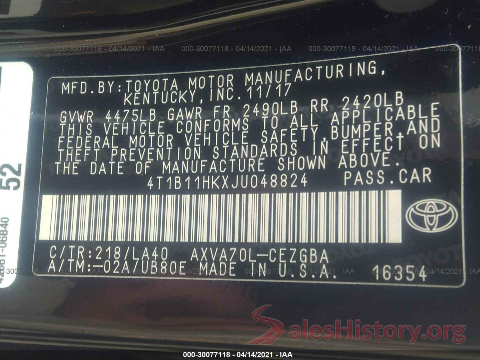 4T1B11HKXJU048824 2018 TOYOTA CAMRY