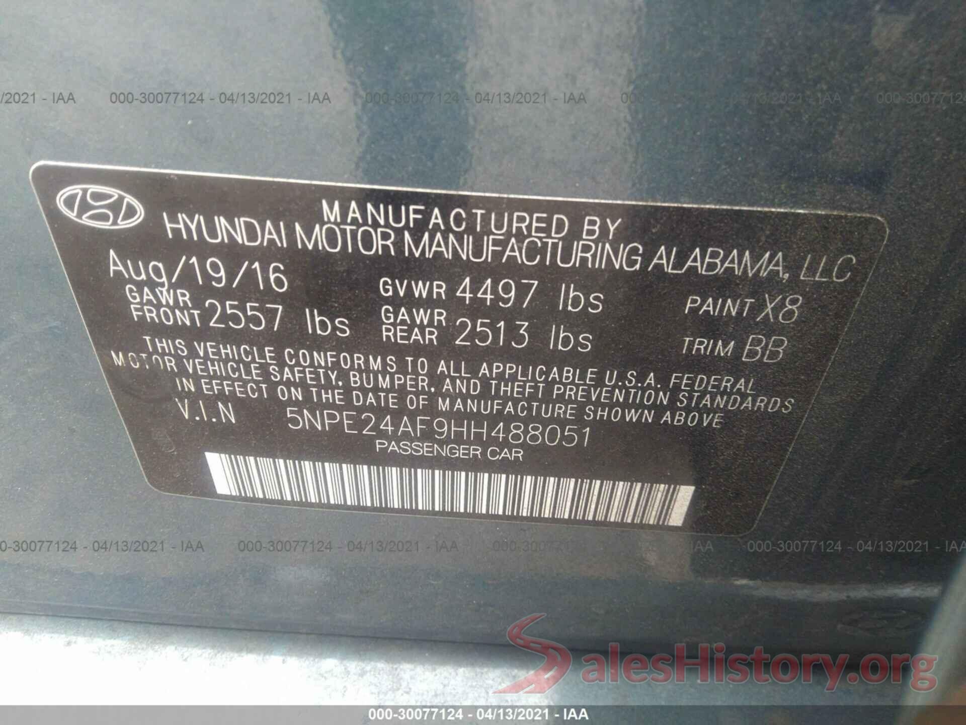 5NPE24AF9HH488051 2017 HYUNDAI SONATA