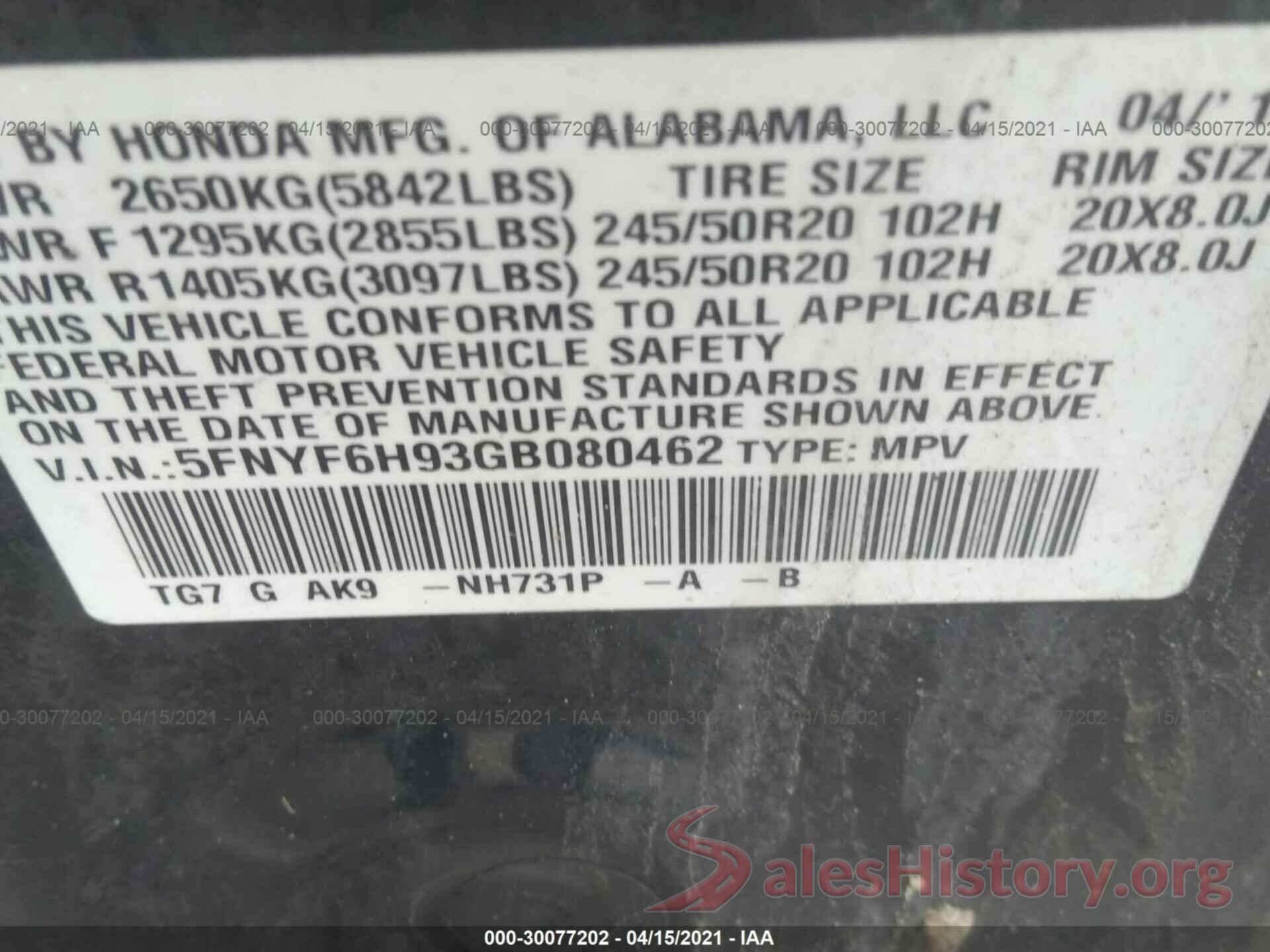 5FNYF6H93GB080462 2016 HONDA PILOT