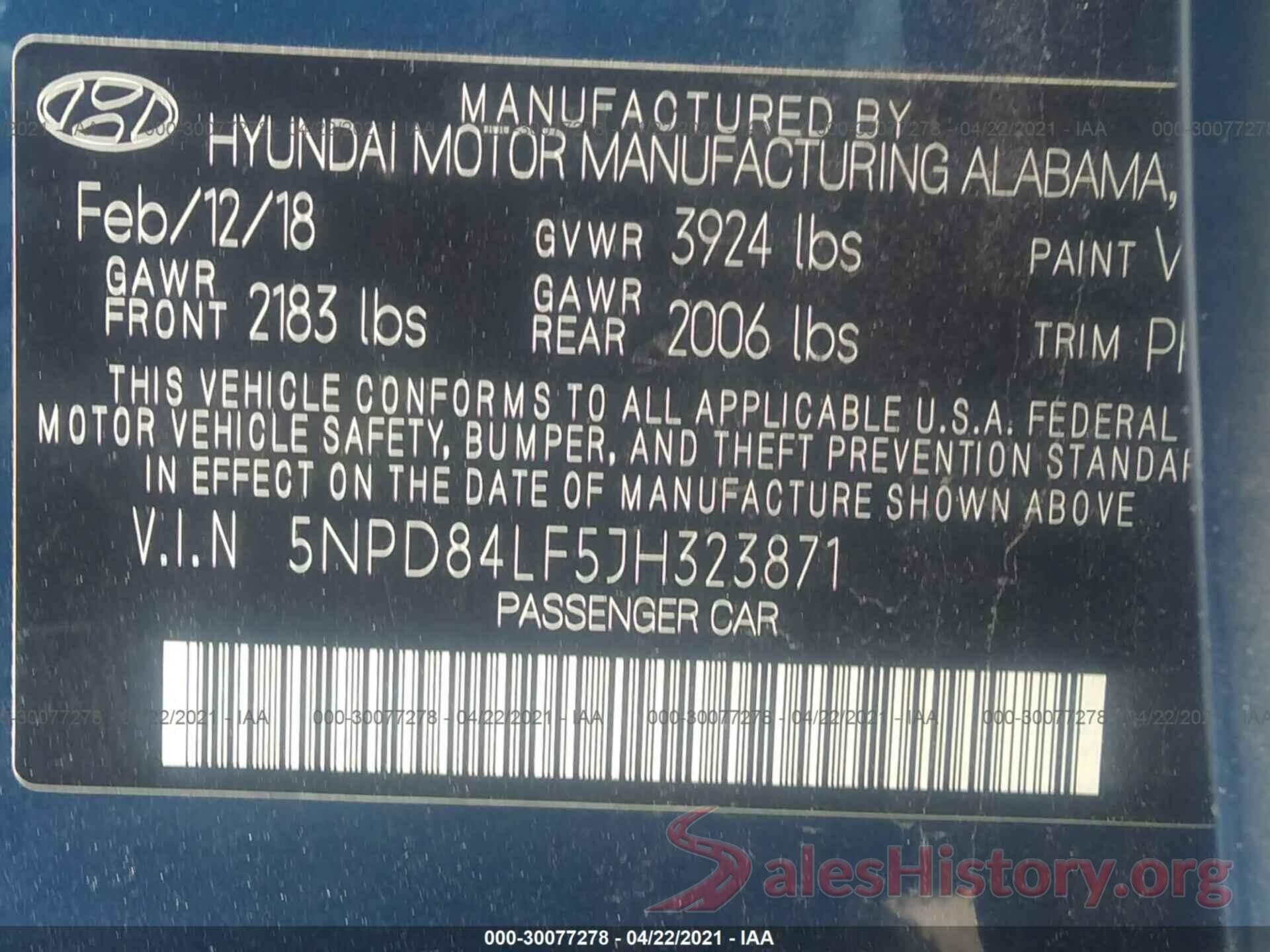 5NPD84LF5JH323871 2018 HYUNDAI ELANTRA