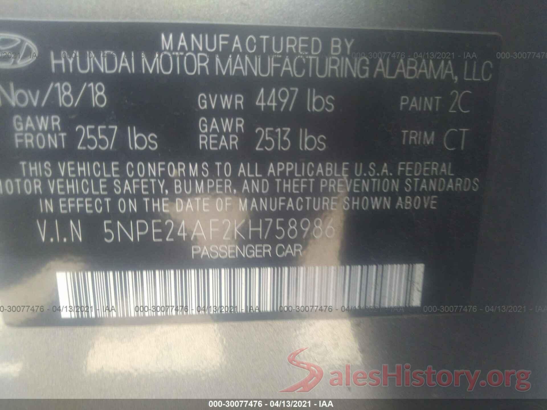 5NPE24AF2KH758986 2019 HYUNDAI SONATA