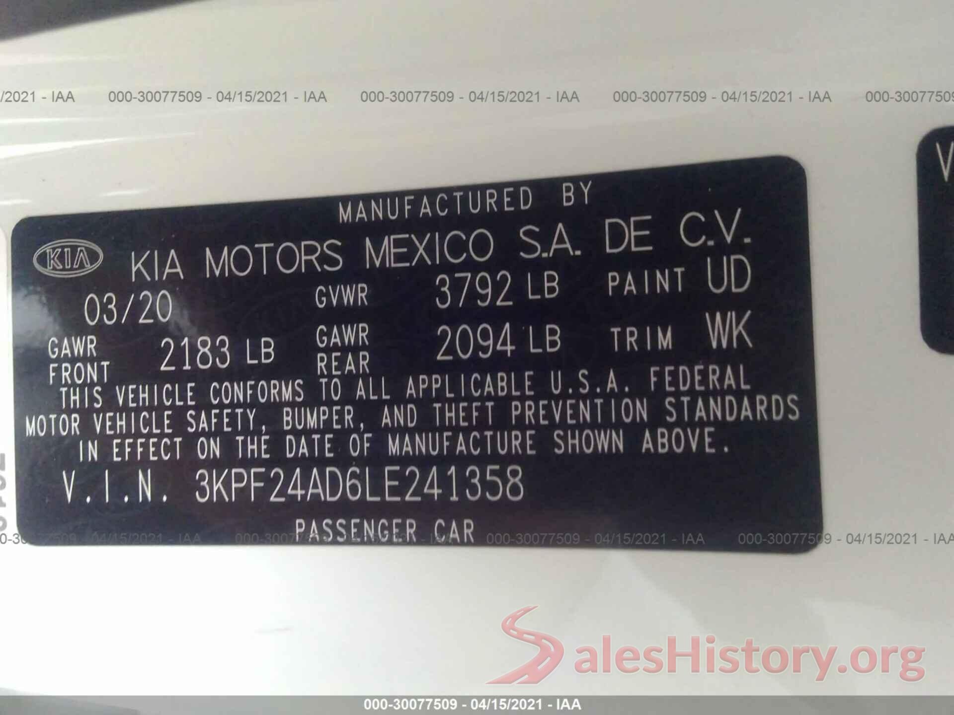 3KPF24AD6LE241358 2020 KIA FORTE