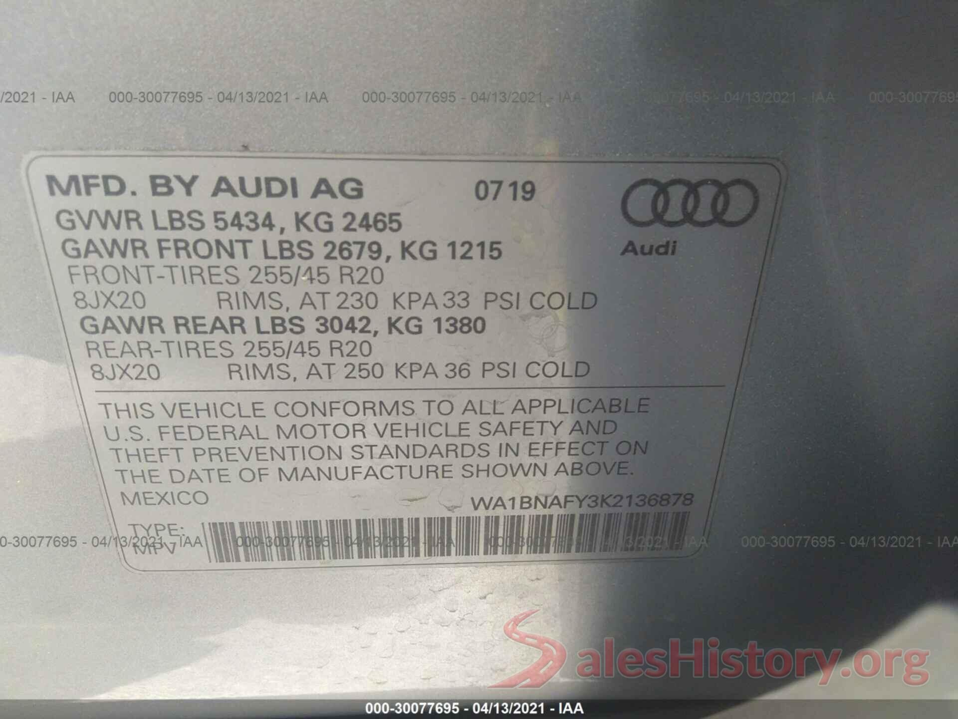 WA1BNAFY3K2136878 2019 AUDI Q5