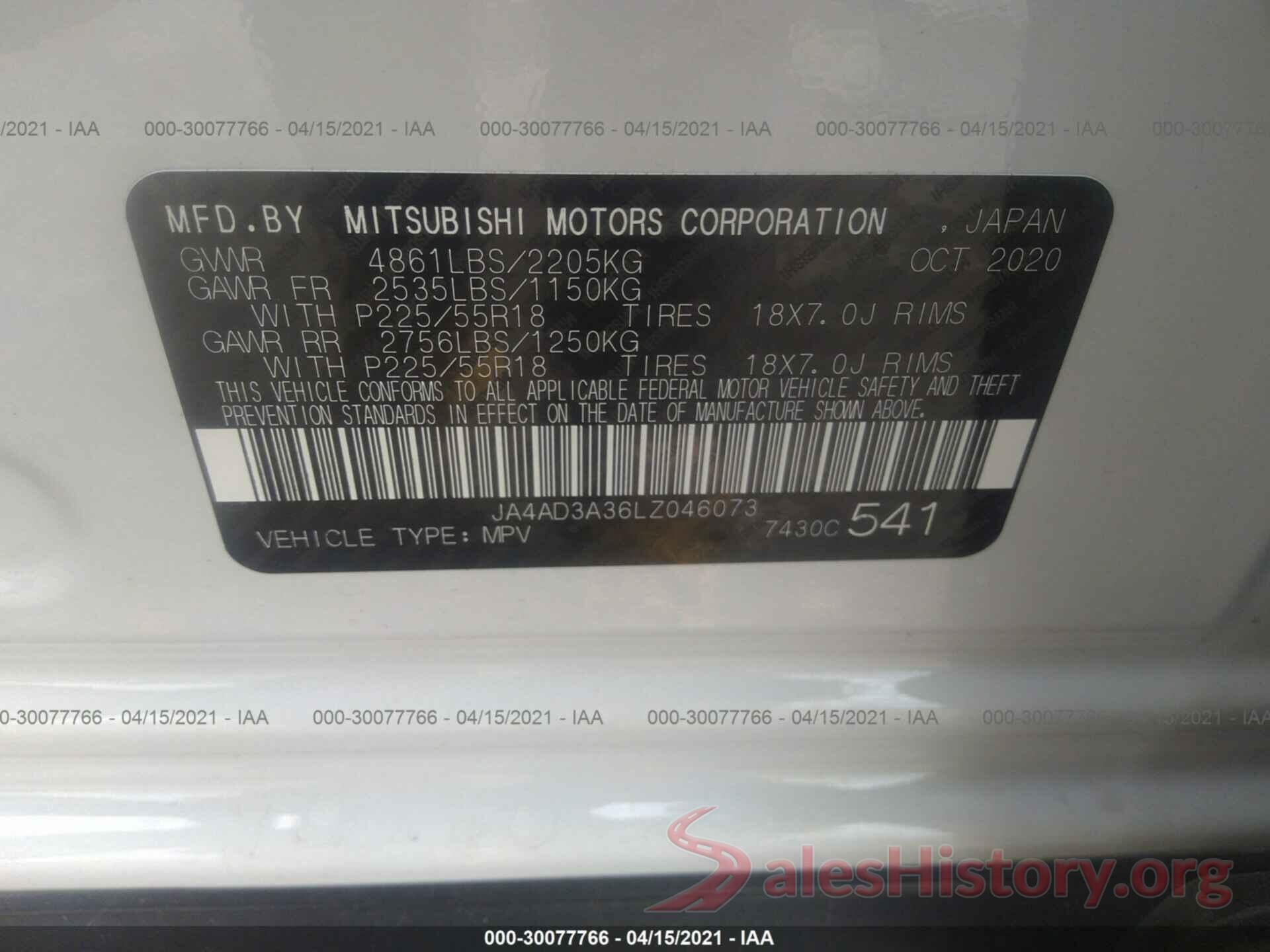 JA4AD3A36LZ046073 2020 MITSUBISHI OUTLANDER