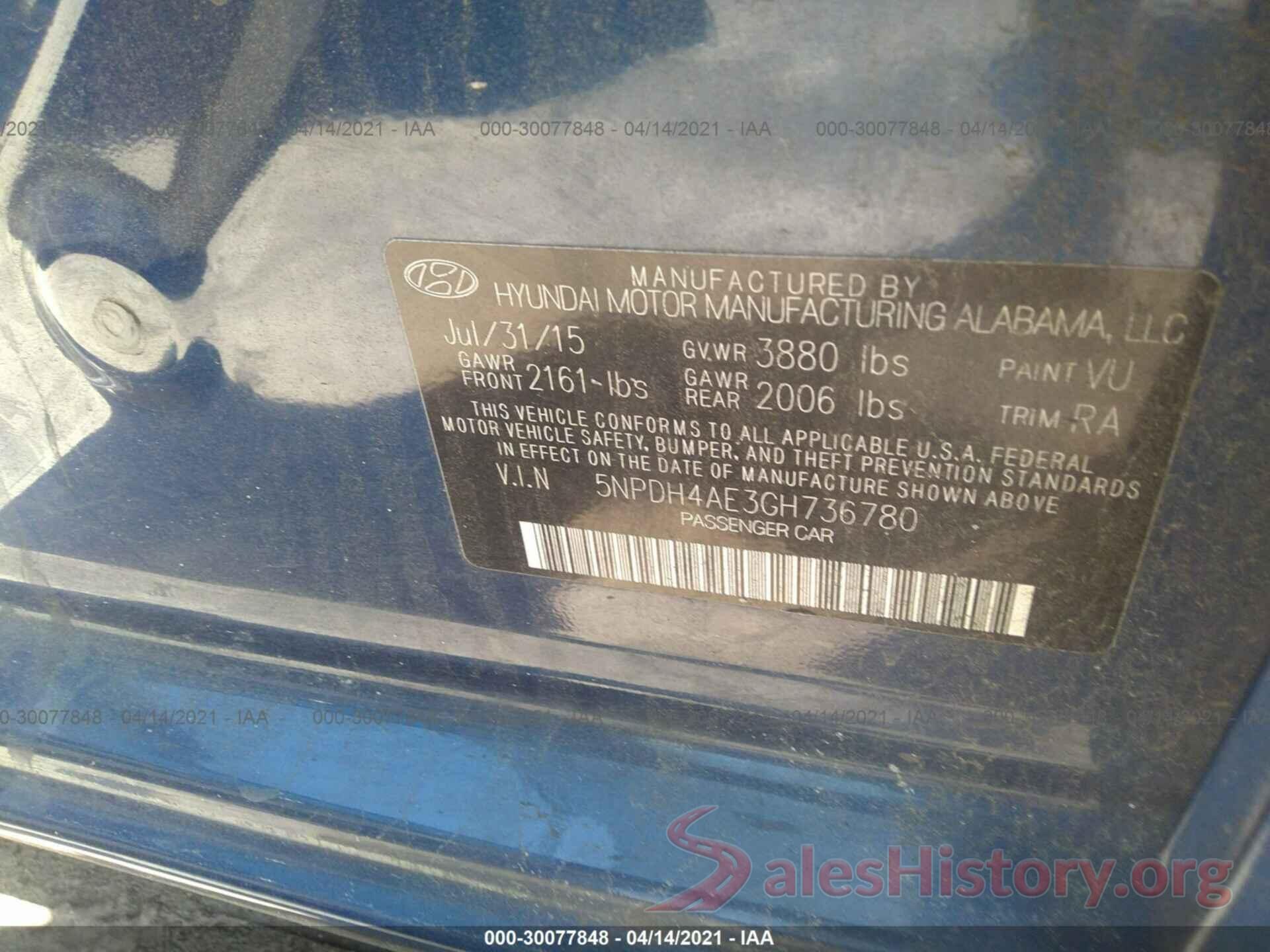 5NPDH4AE3GH736780 2016 HYUNDAI ELANTRA