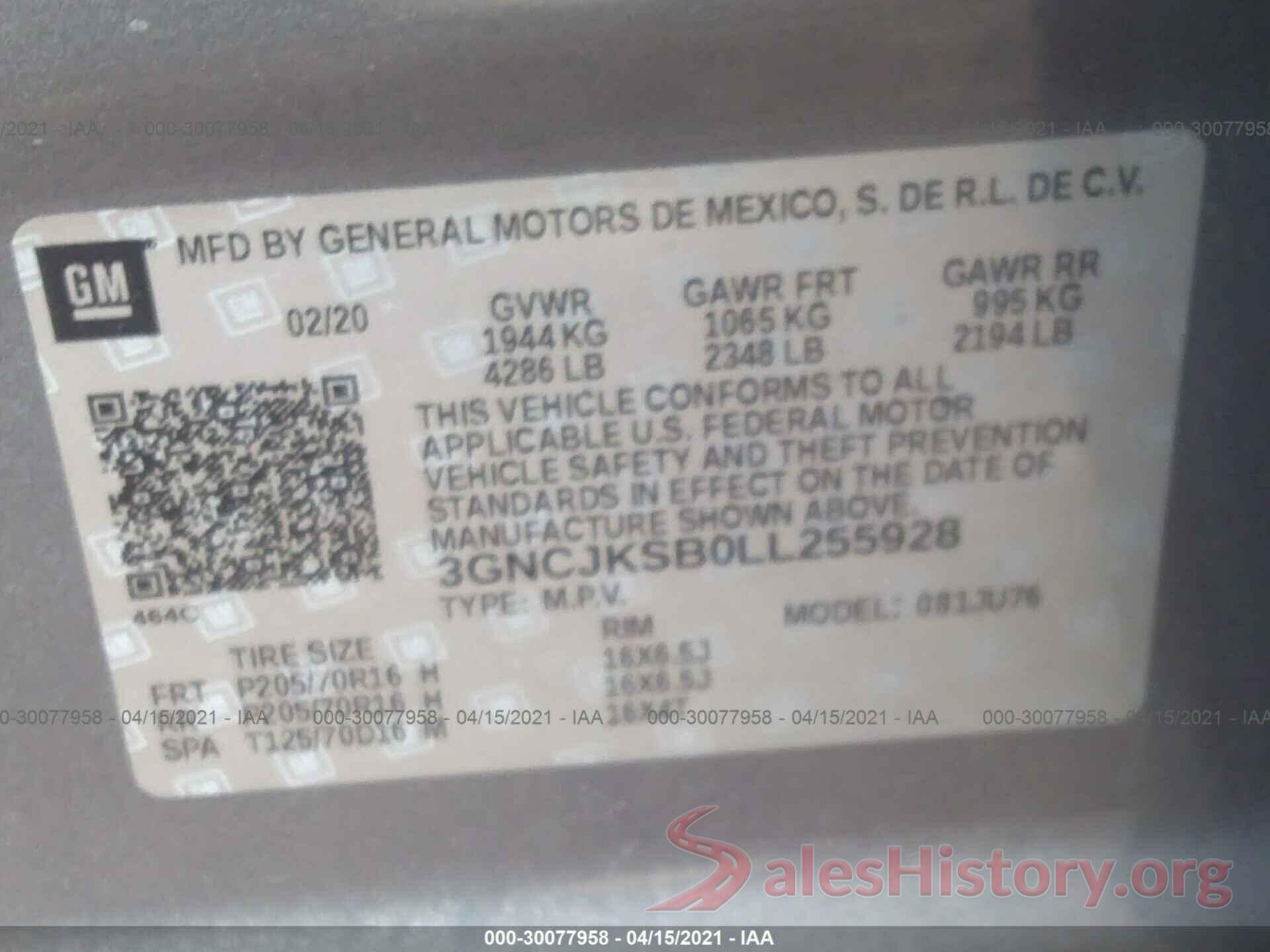 3GNCJKSB0LL255928 2020 CHEVROLET TRAX