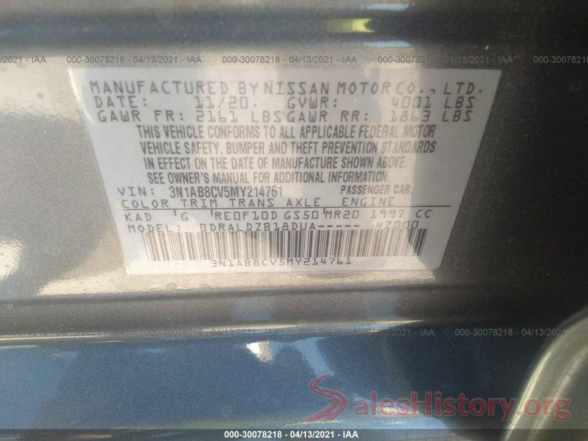 3N1AB8CV5MY214761 2021 NISSAN SENTRA