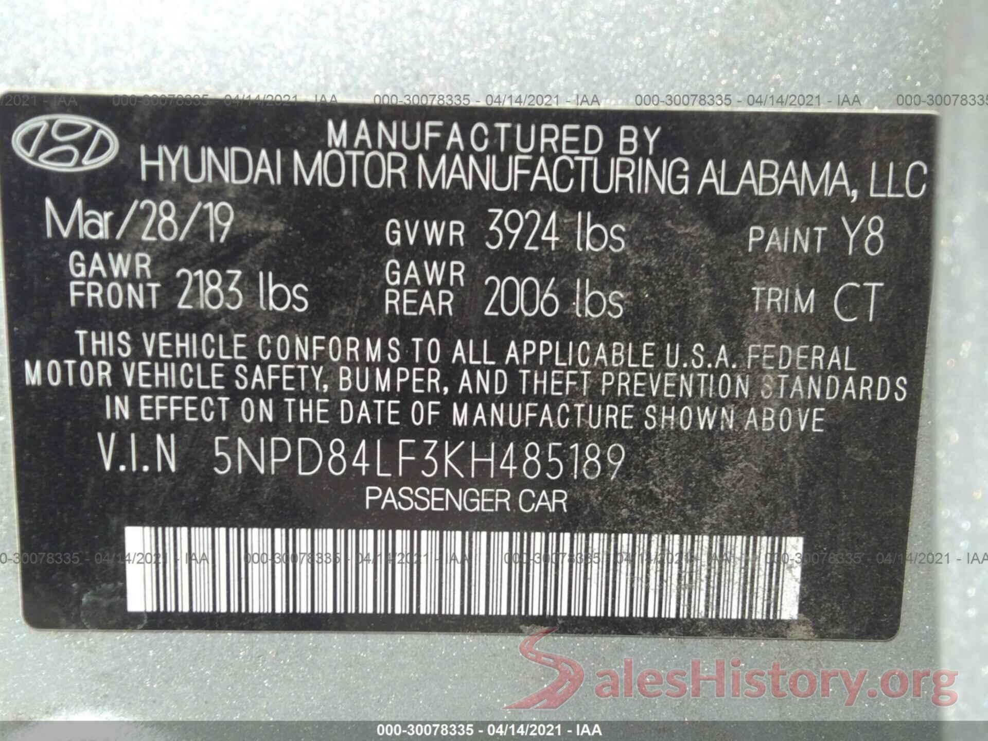 5NPD84LF3KH485189 2019 HYUNDAI ELANTRA