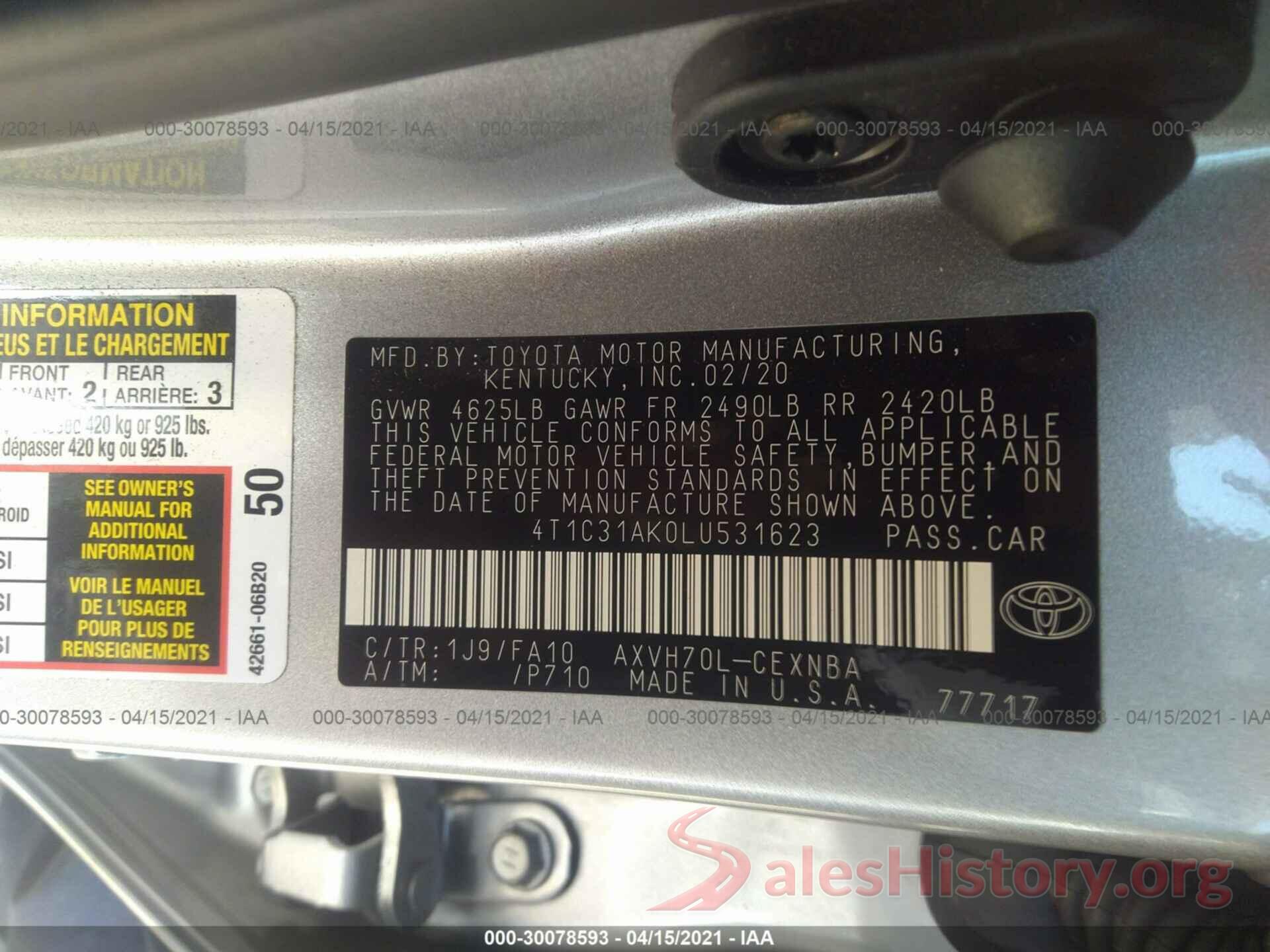 4T1C31AK0LU531623 2020 TOYOTA CAMRY