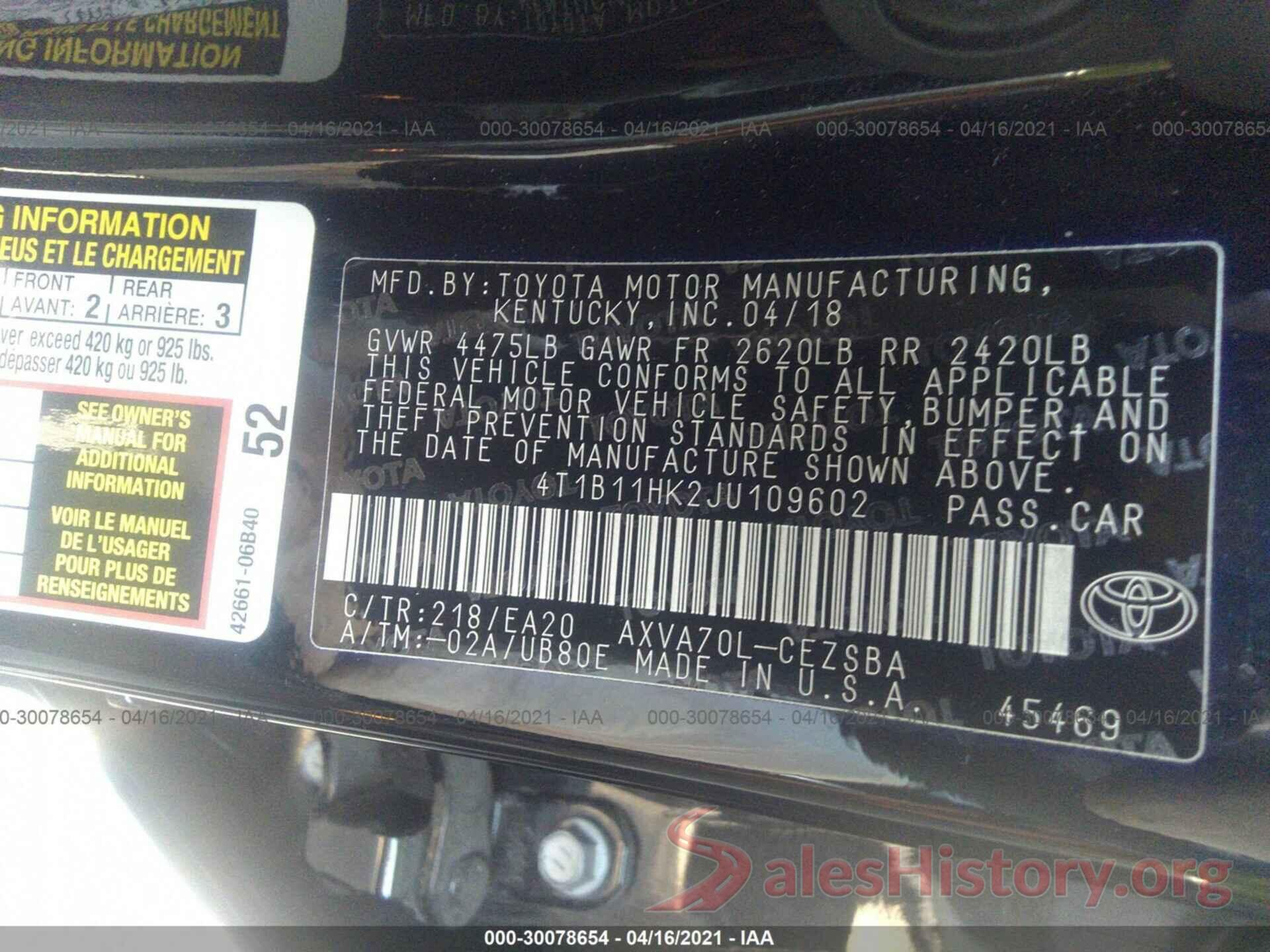 4T1B11HK2JU109602 2018 TOYOTA CAMRY