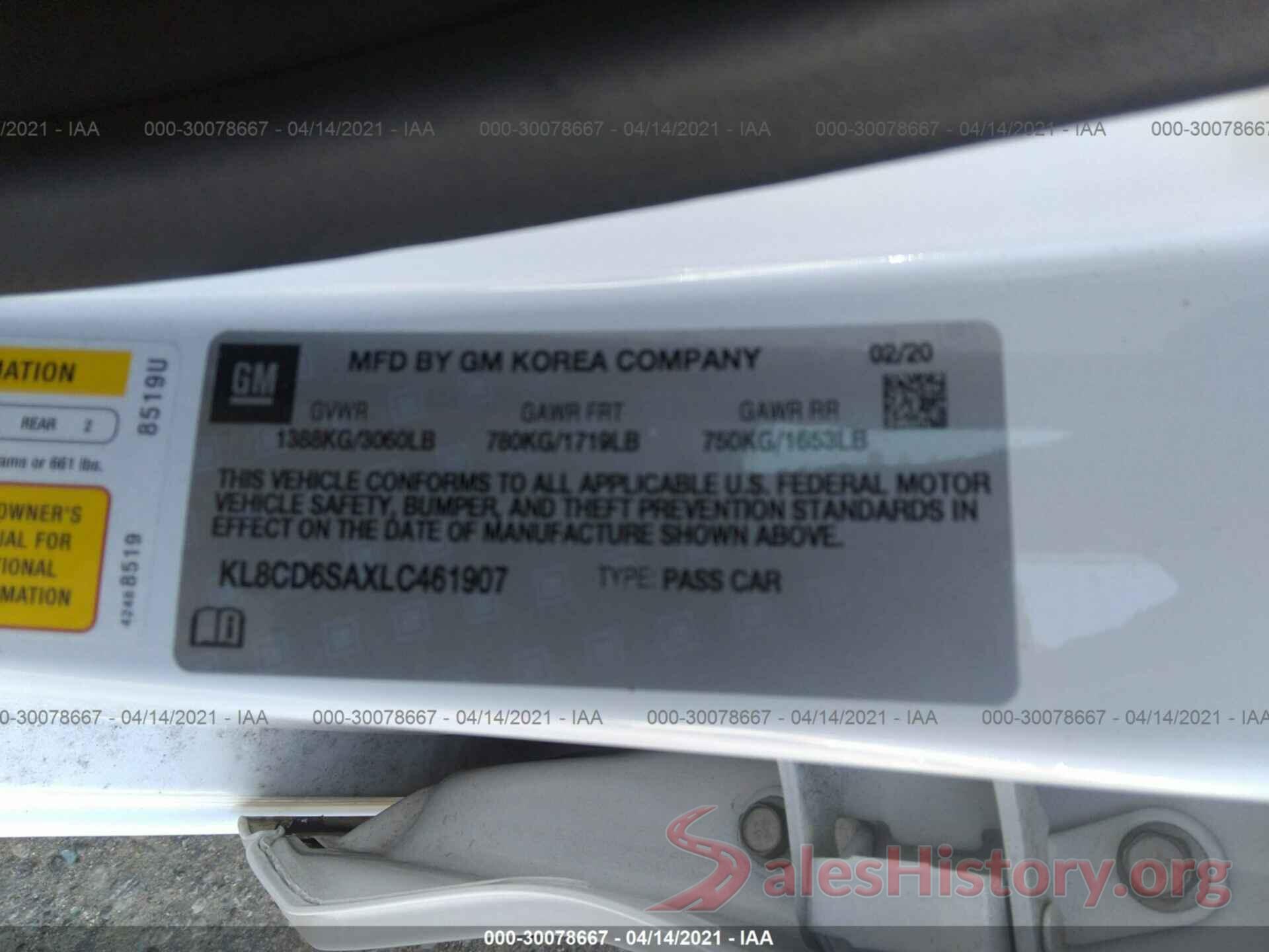 KL8CD6SAXLC461907 2020 CHEVROLET SPARK