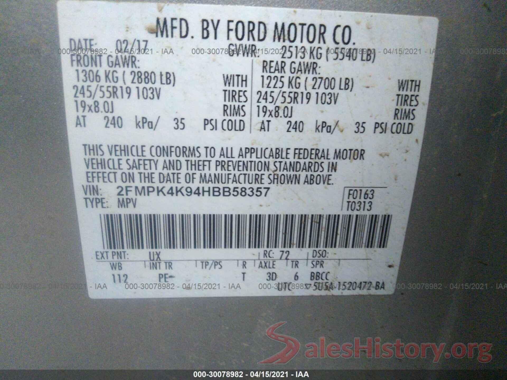 2FMPK4K94HBB58357 2017 FORD EDGE