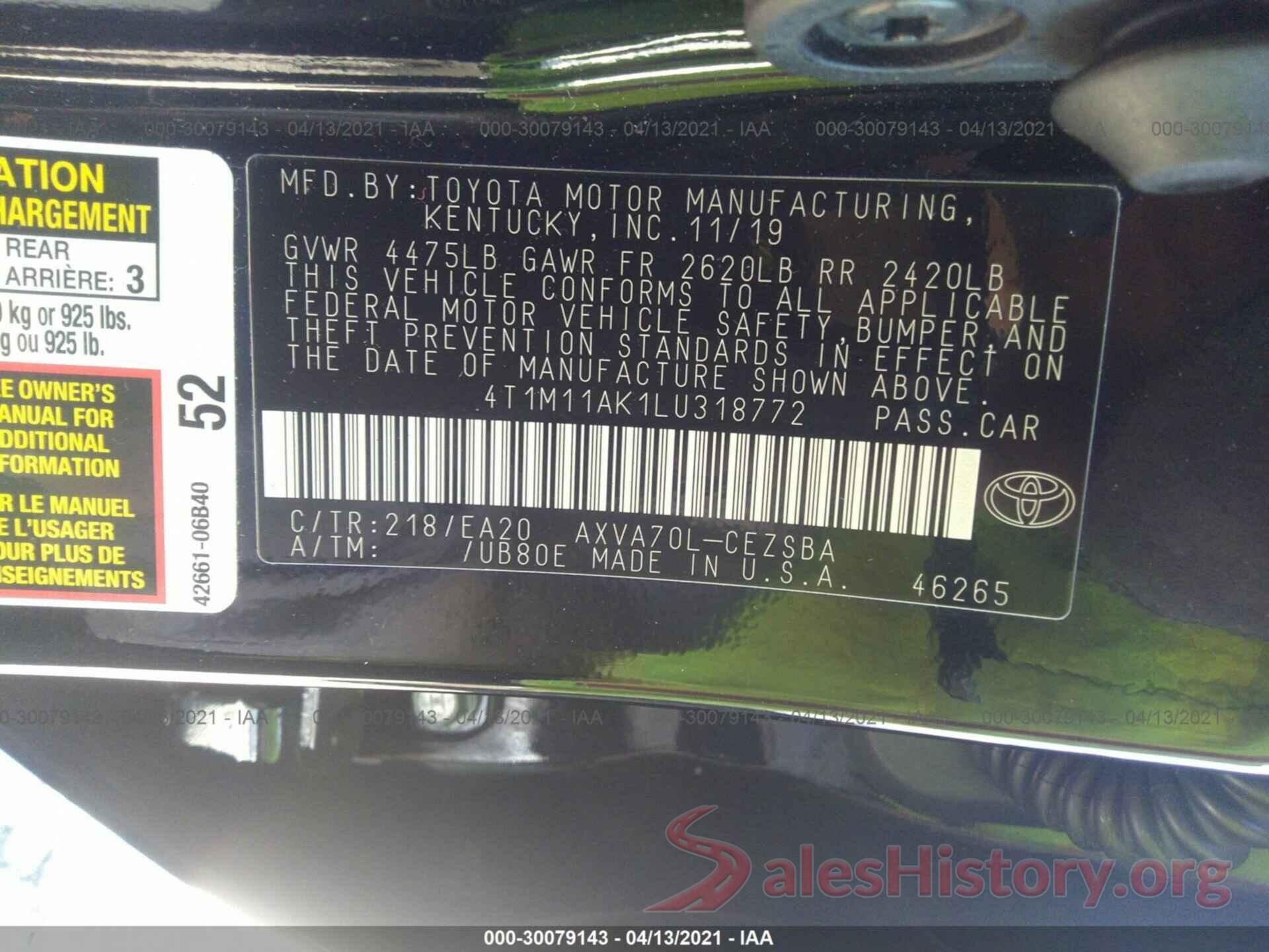 4T1M11AK1LU318772 2020 TOYOTA CAMRY