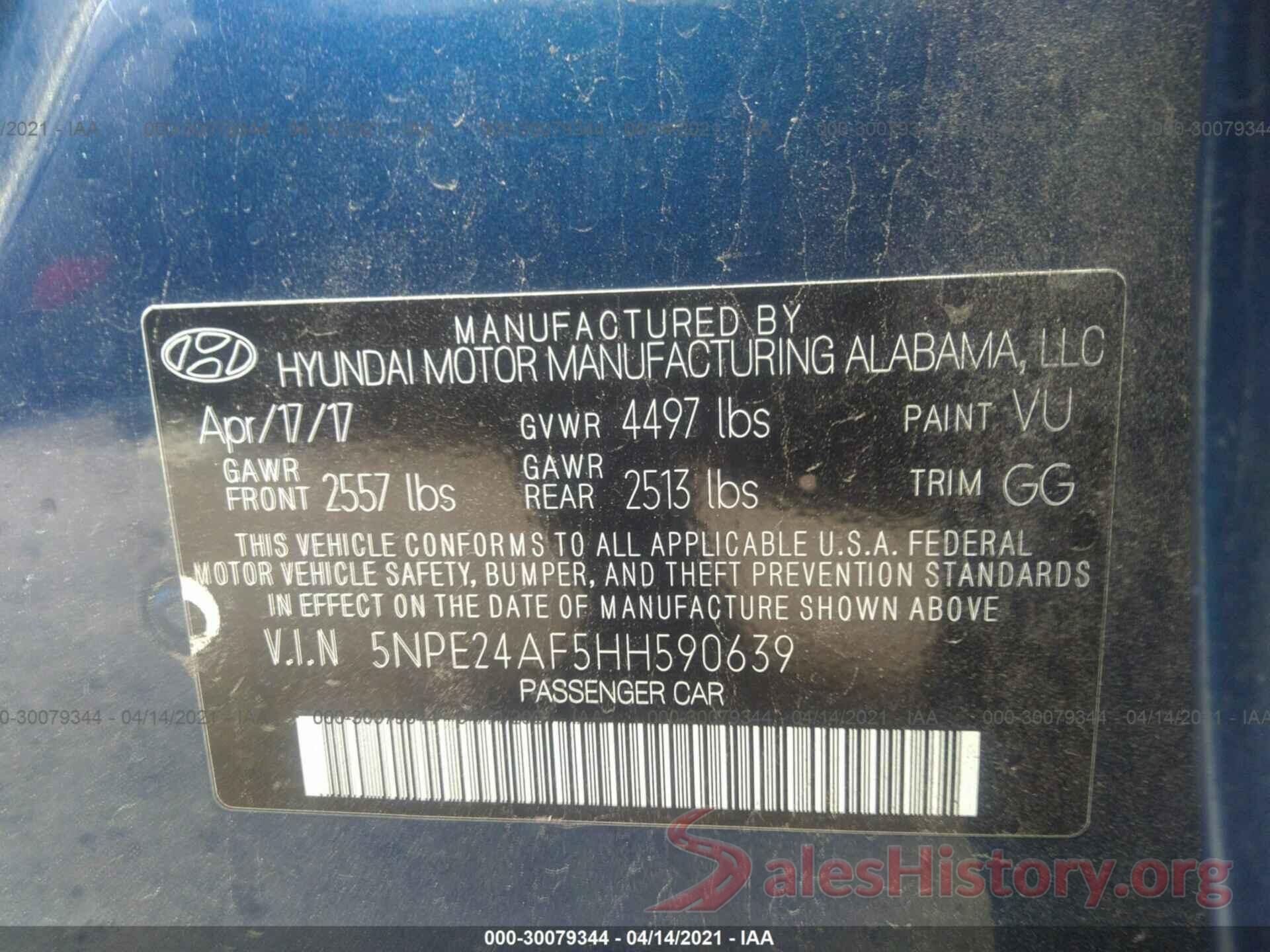 5NPE24AF5HH590639 2017 HYUNDAI SONATA