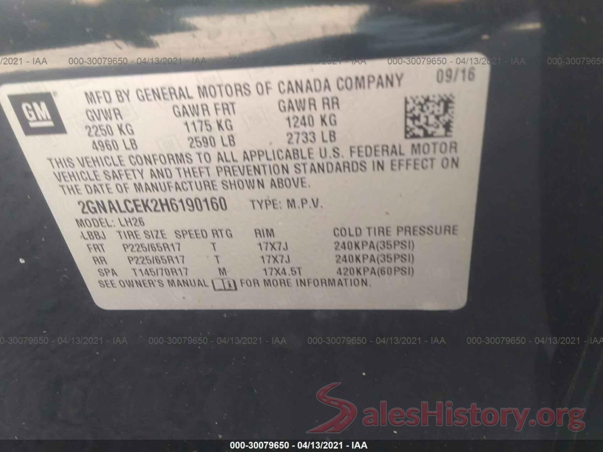 2GNALCEK2H6190160 2017 CHEVROLET EQUINOX