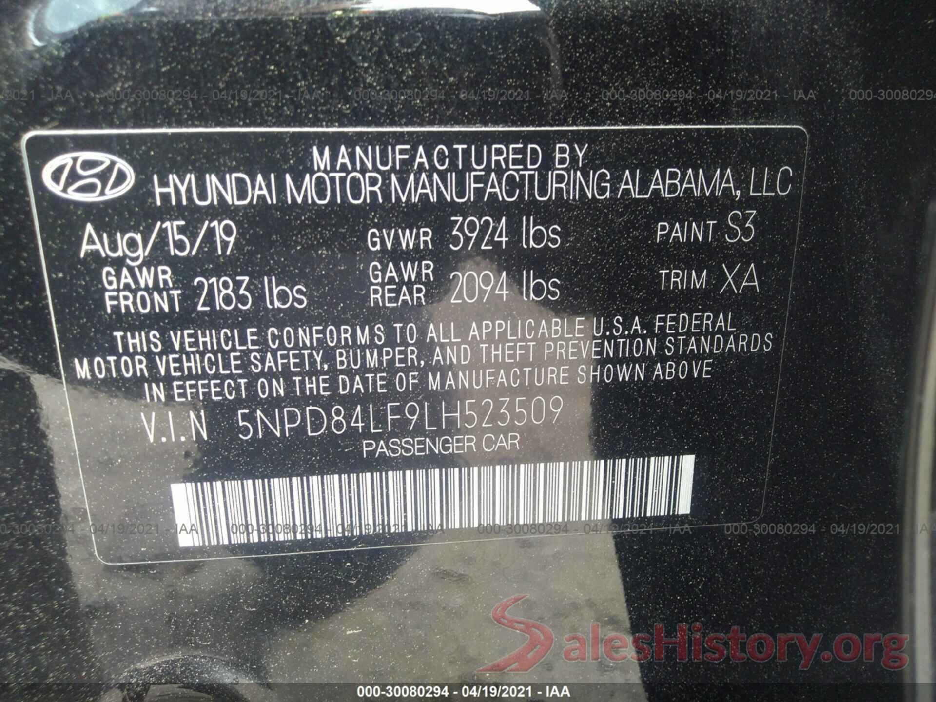 5NPD84LF9LH523509 2020 HYUNDAI ELANTRA