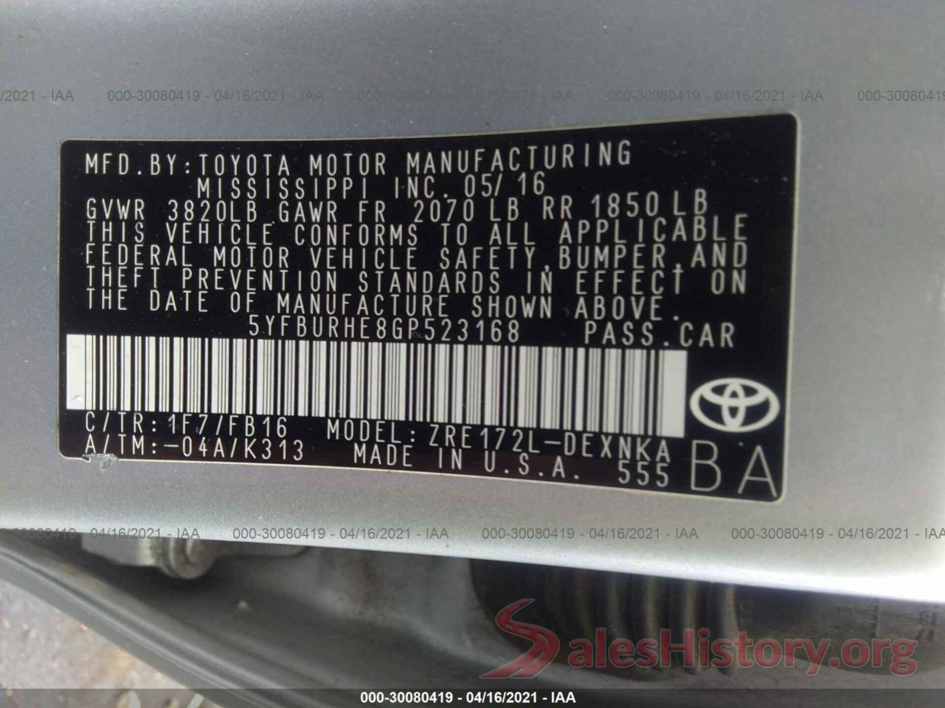 5YFBURHE8GP523168 2016 TOYOTA COROLLA