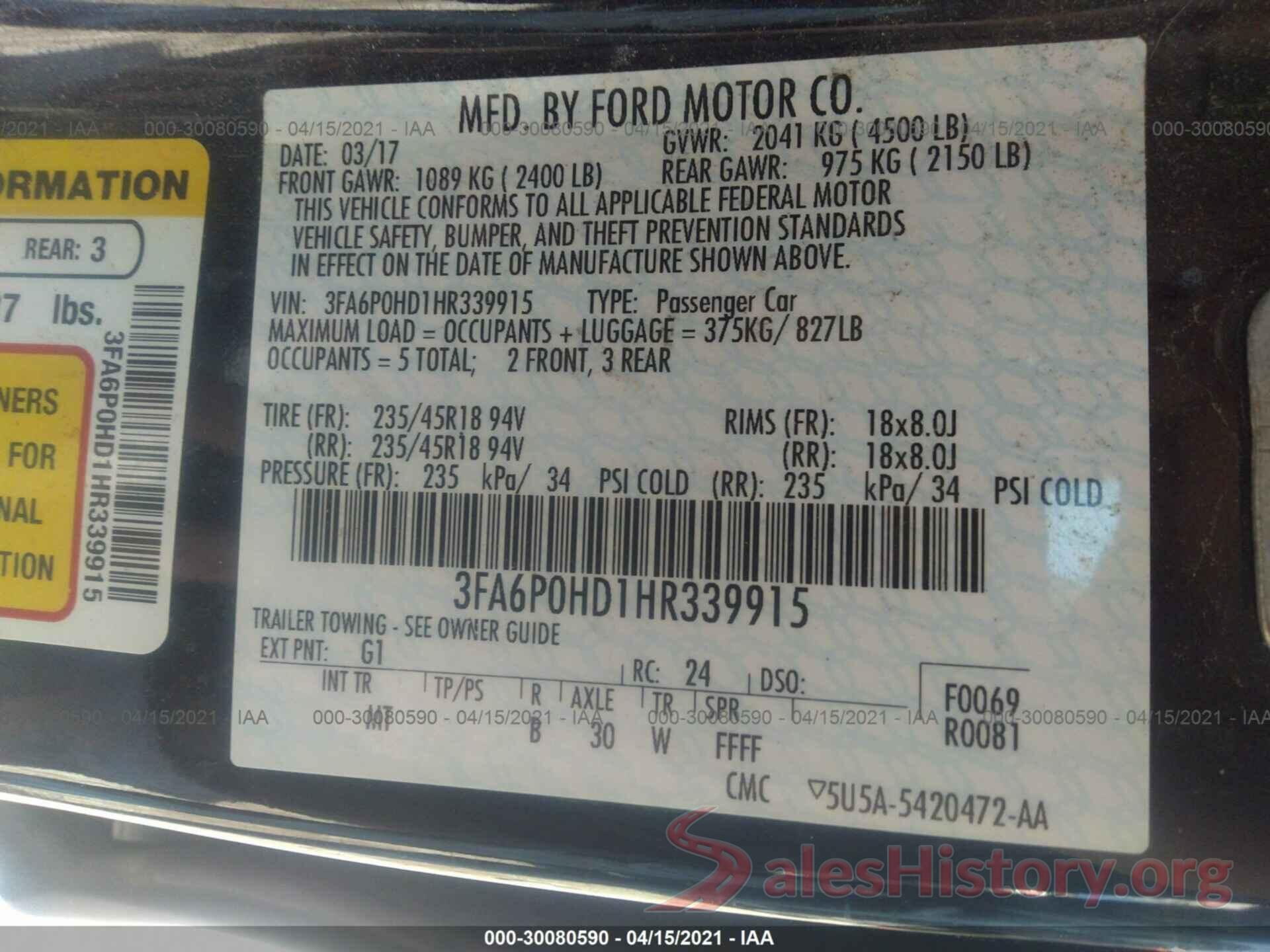 3FA6P0HD1HR339915 2017 FORD FUSION