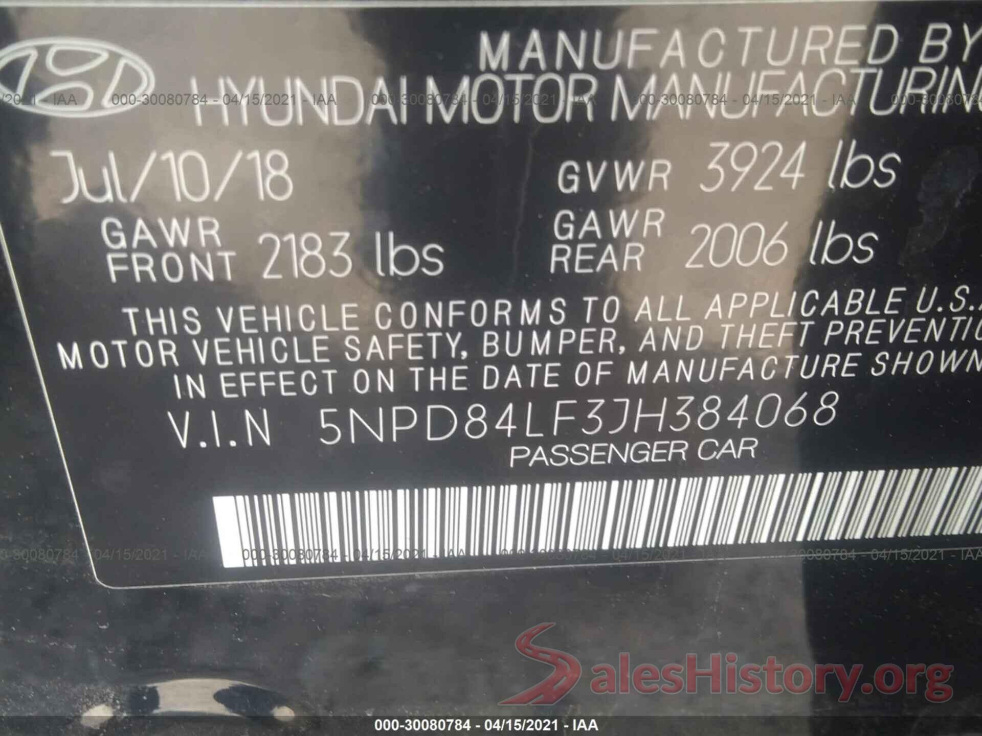 5NPD84LF3JH384068 2018 HYUNDAI ELANTRA