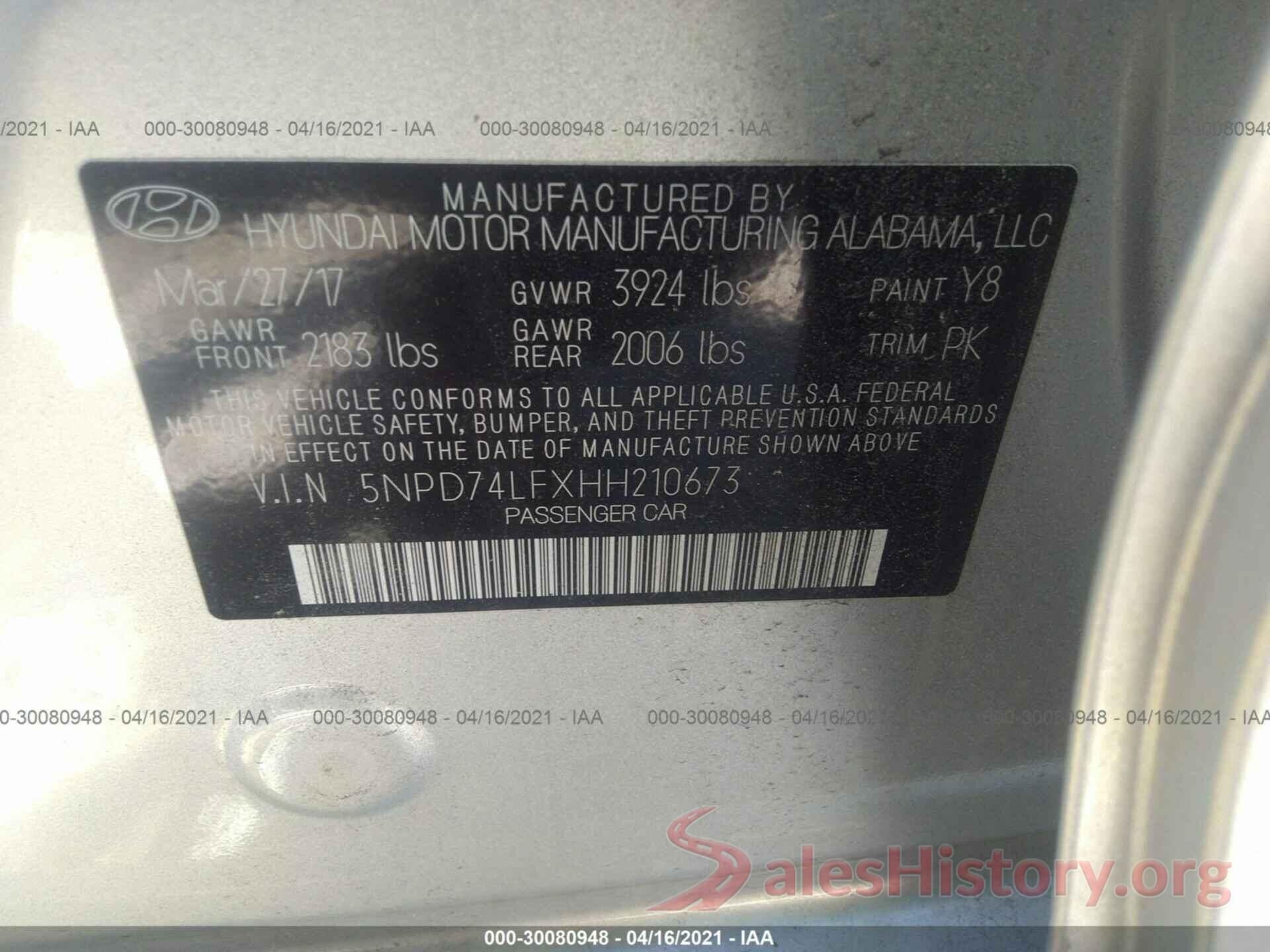 5NPD74LFXHH210673 2017 HYUNDAI ELANTRA