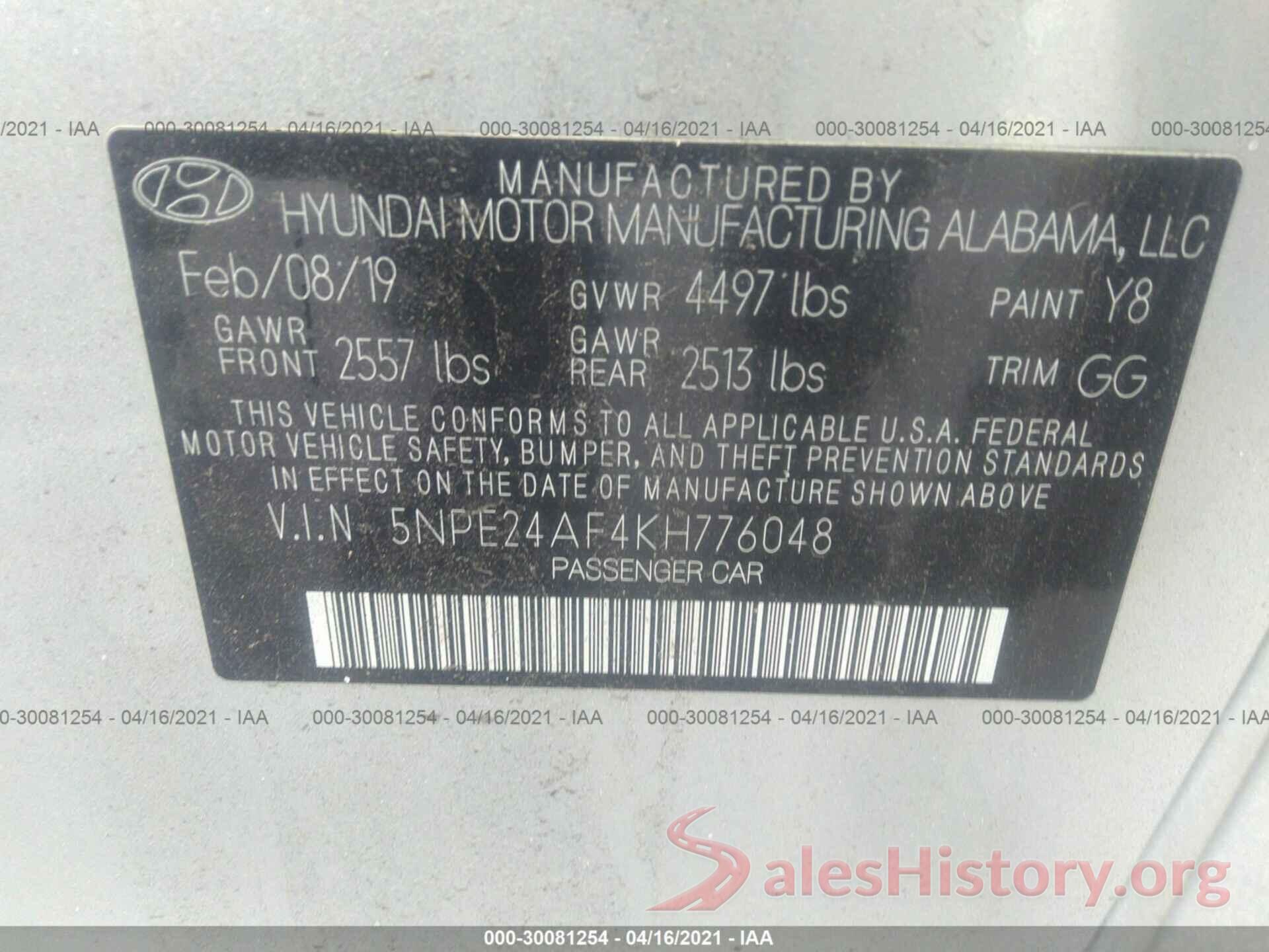 5NPE24AF4KH776048 2019 HYUNDAI SONATA