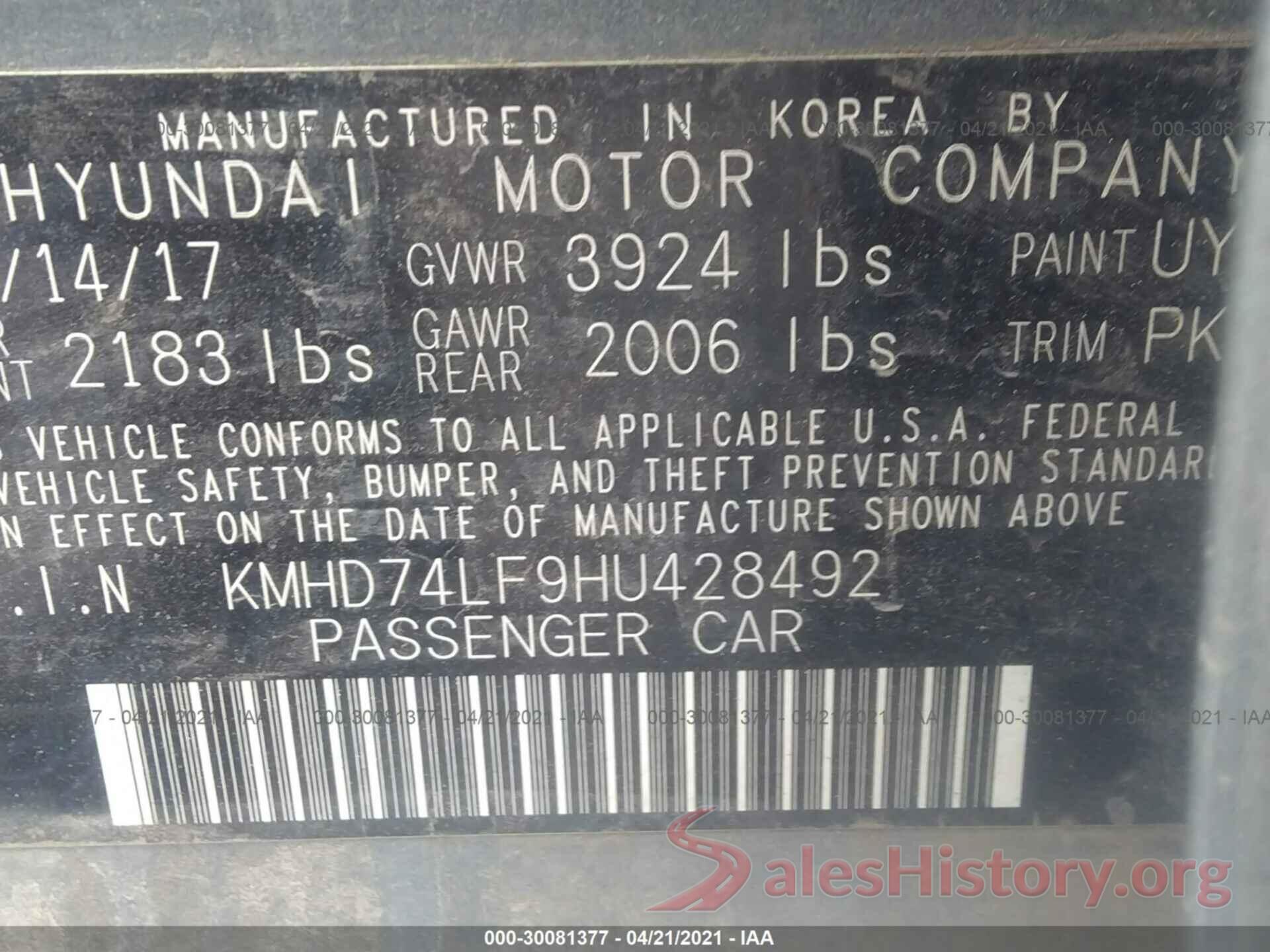 KMHD74LF9HU428492 2017 HYUNDAI ELANTRA