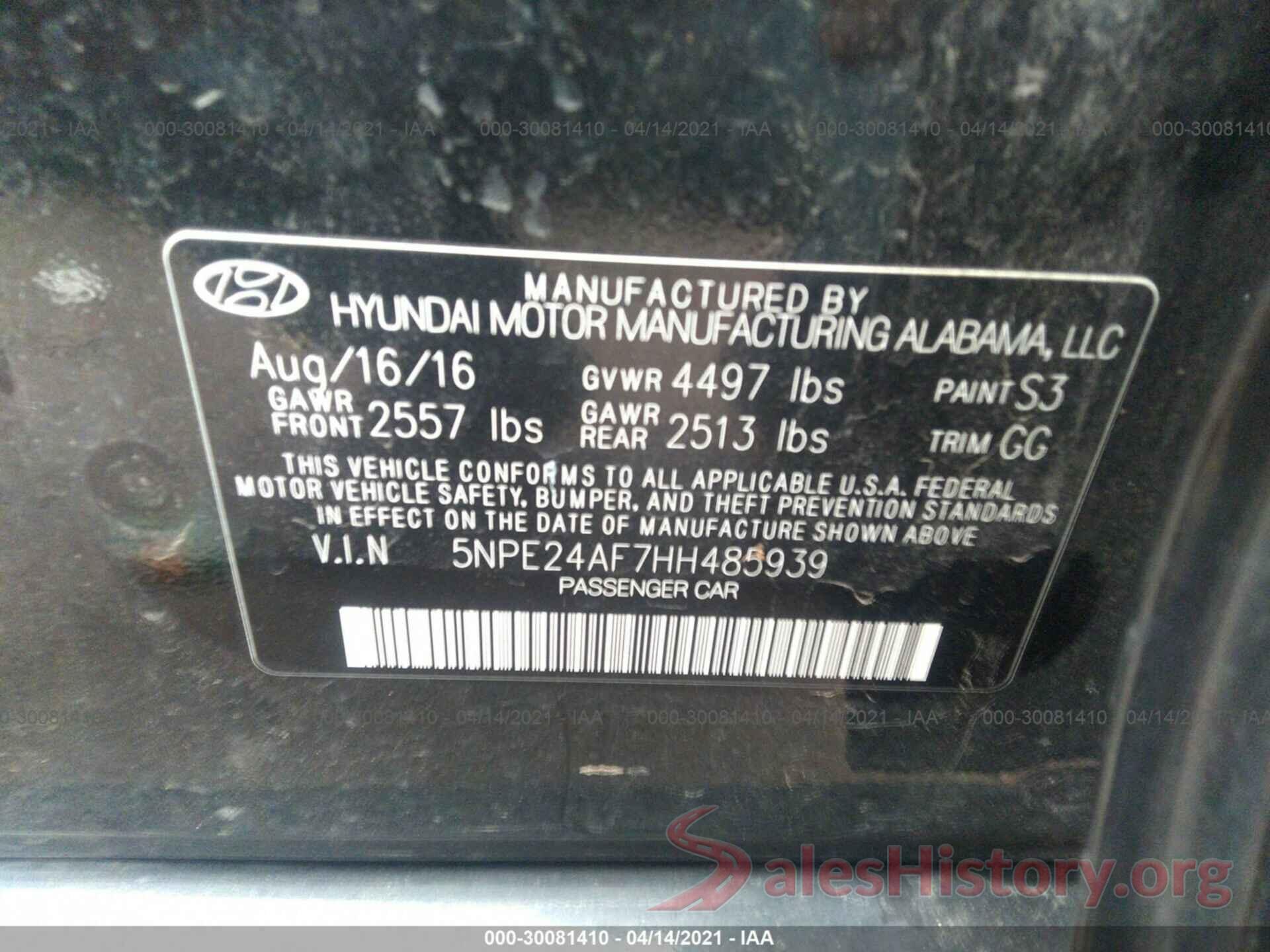 5NPE24AF7HH485939 2017 HYUNDAI SONATA