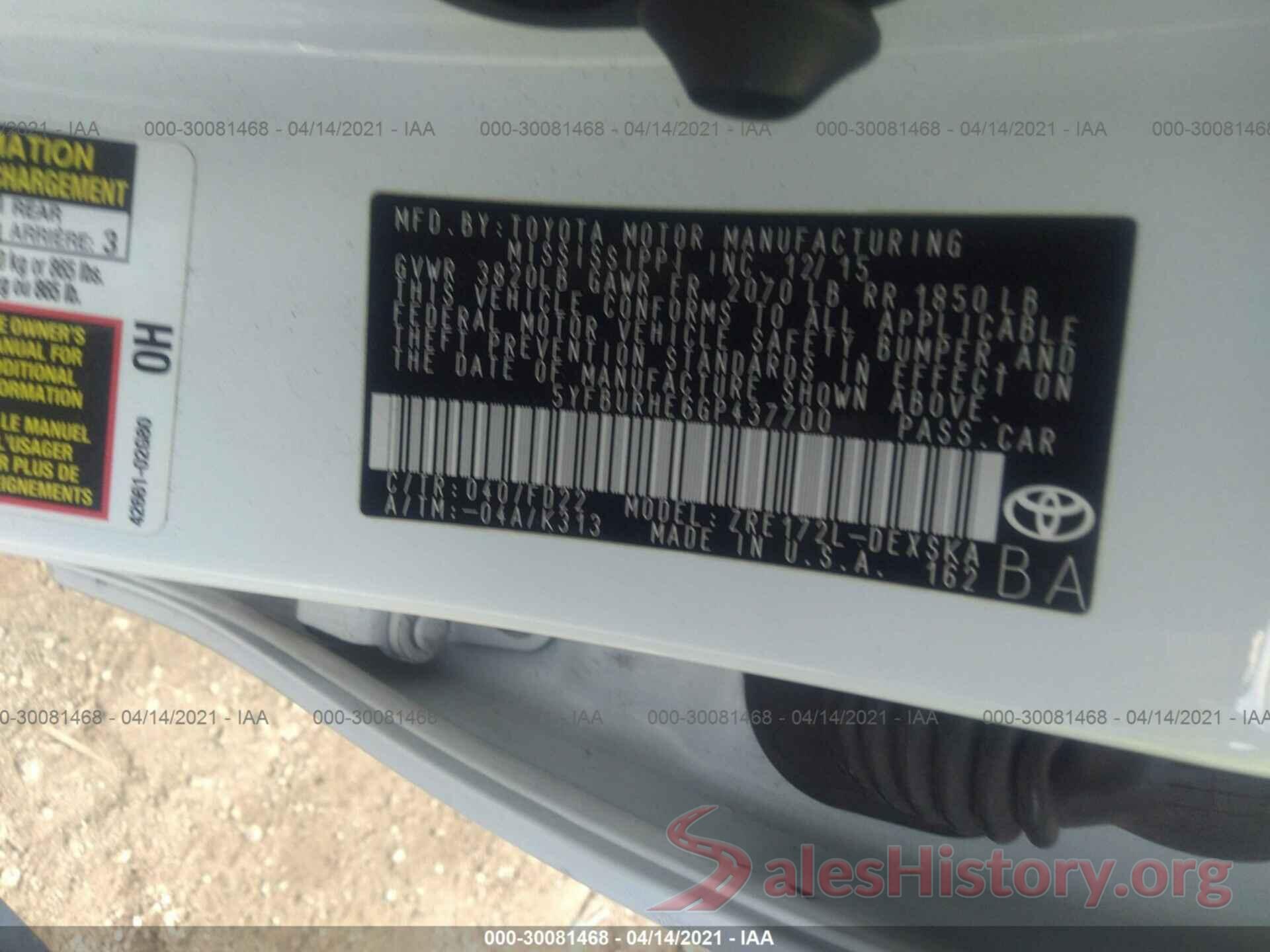 5YFBURHE6GP437700 2016 TOYOTA COROLLA