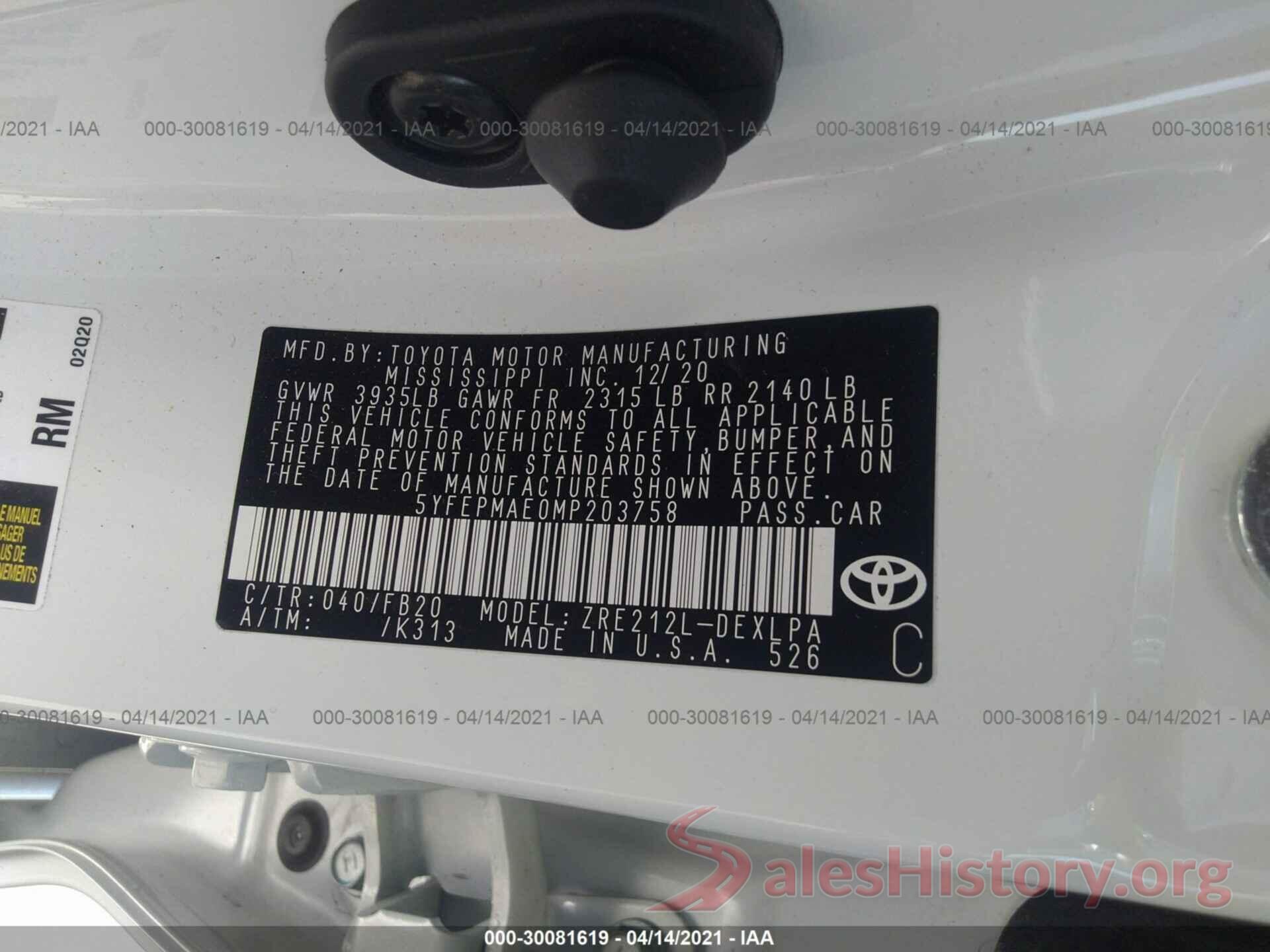 5YFEPMAE0MP203758 2021 TOYOTA COROLLA