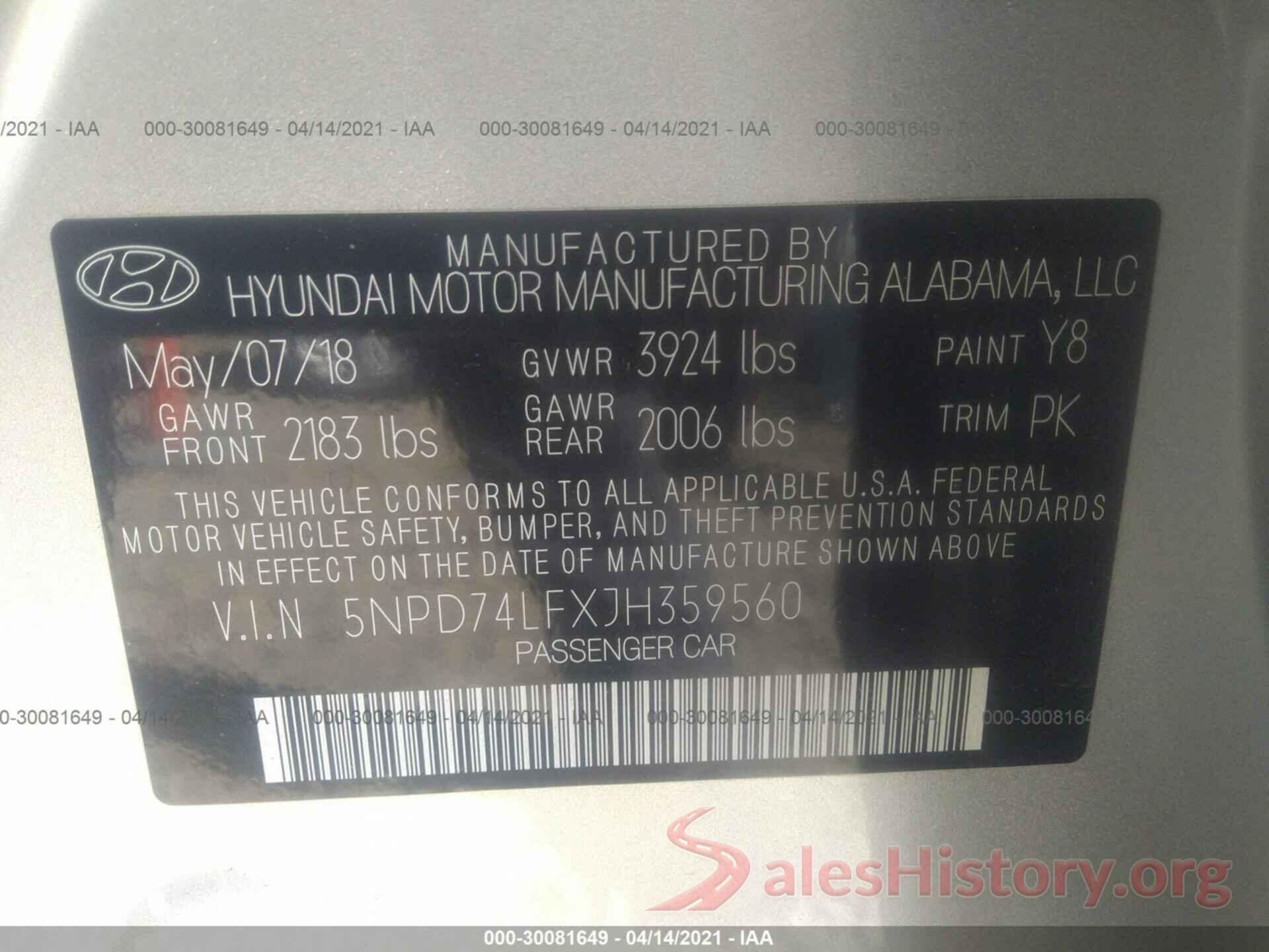 5NPD74LFXJH359560 2018 HYUNDAI ELANTRA