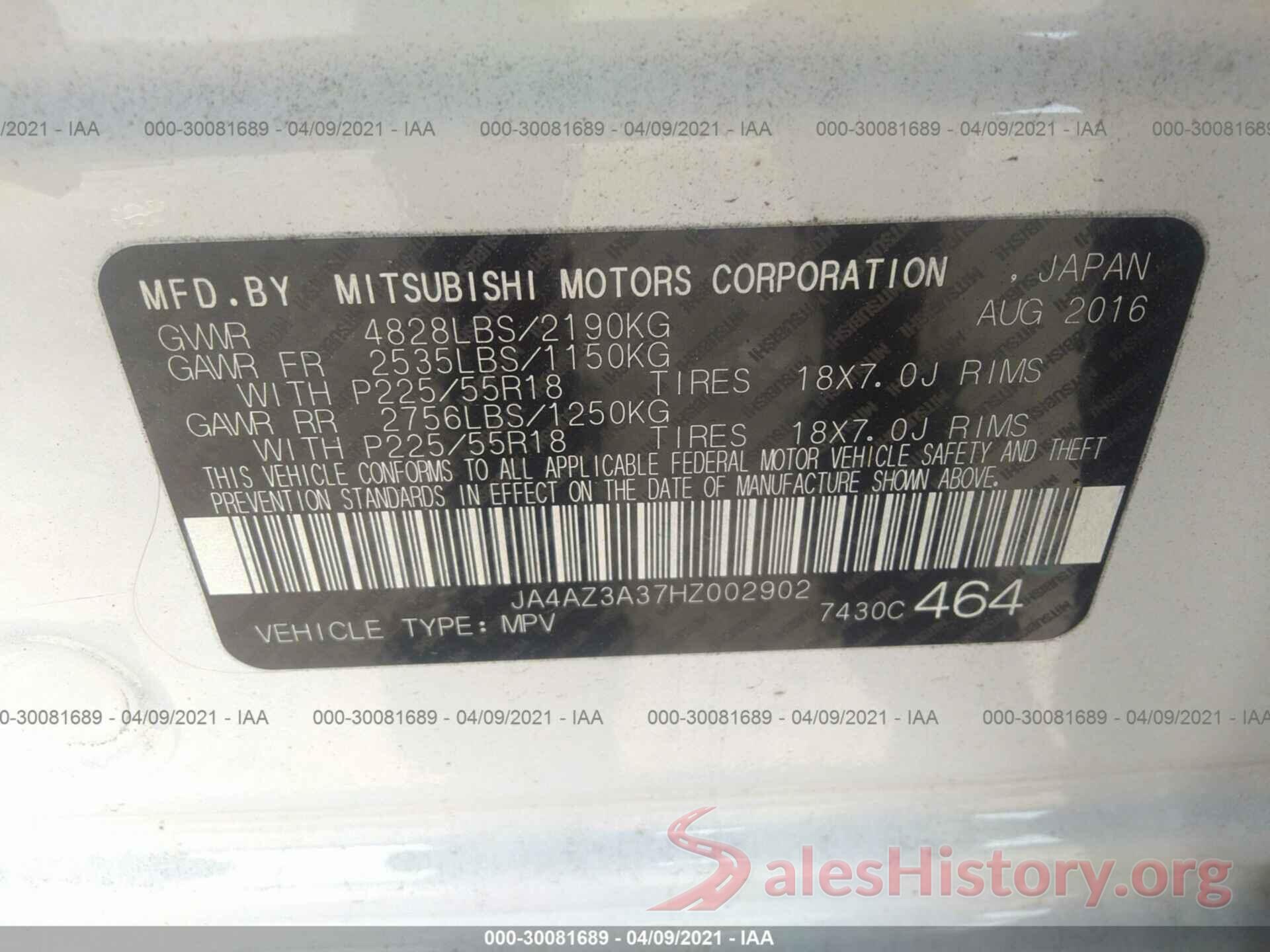 JA4AZ3A37HZ002902 2017 MITSUBISHI OUTLANDER