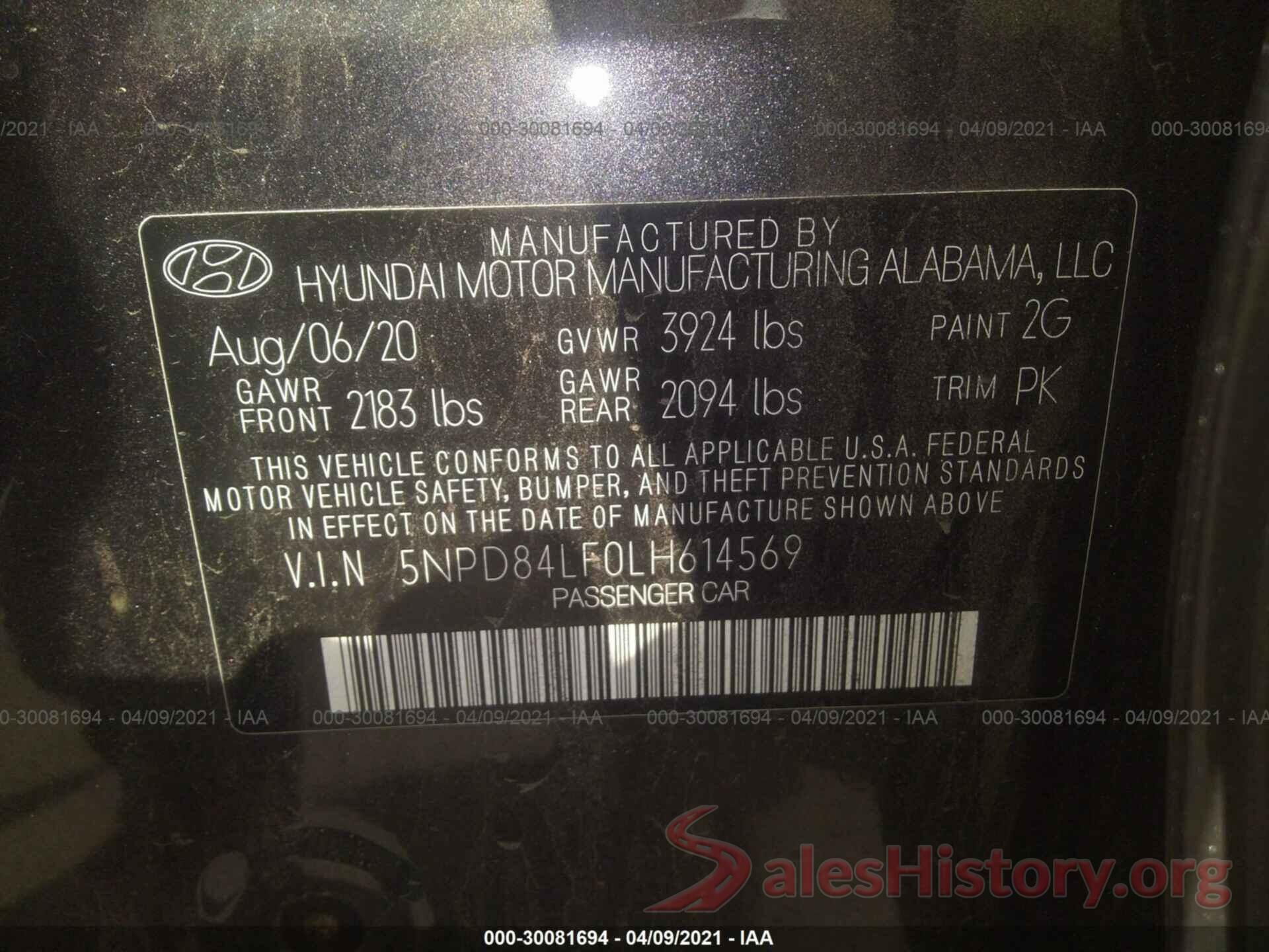 5NPD84LF0LH614569 2020 HYUNDAI ELANTRA