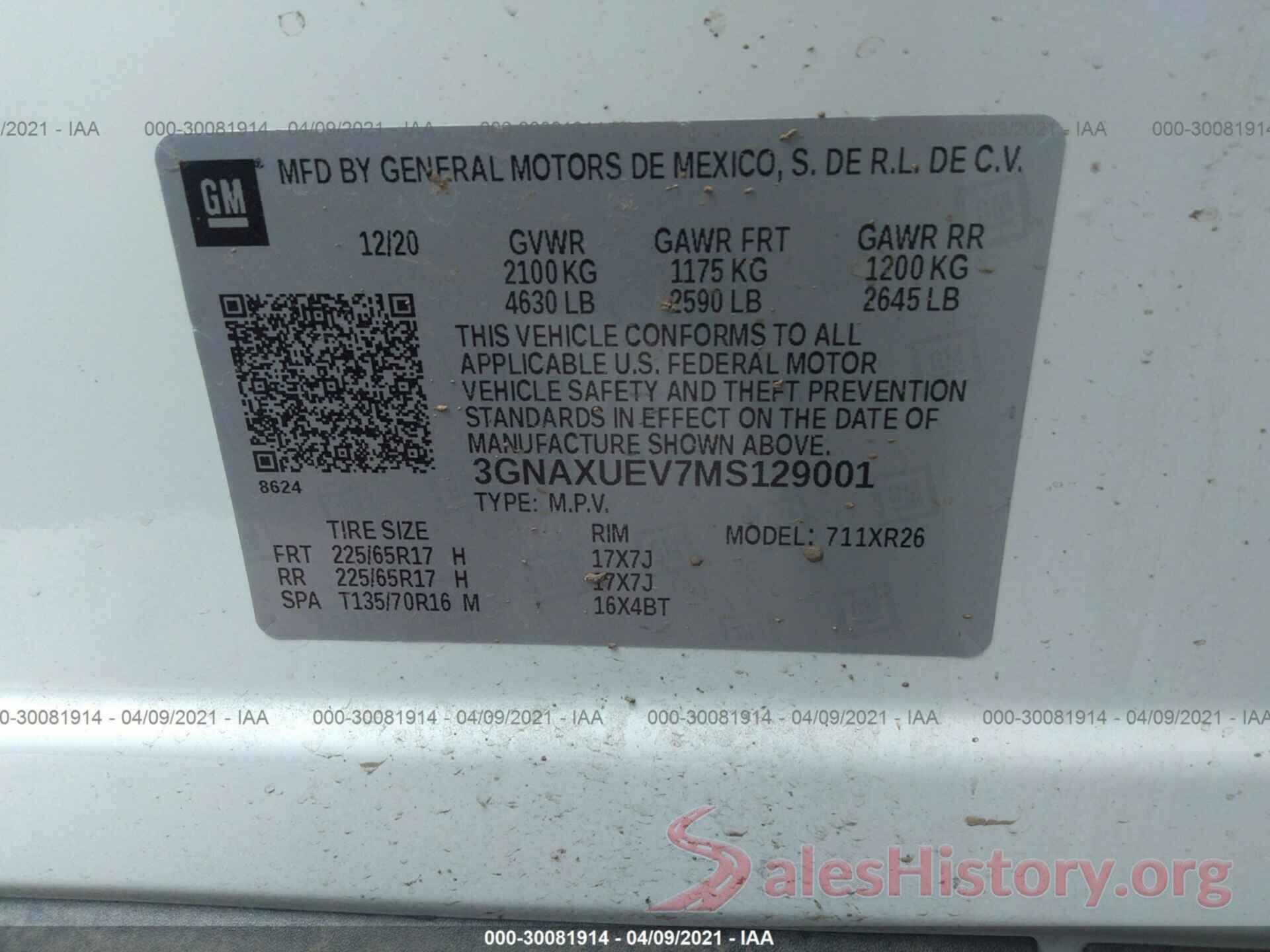 3GNAXUEV7MS129001 2021 CHEVROLET EQUINOX