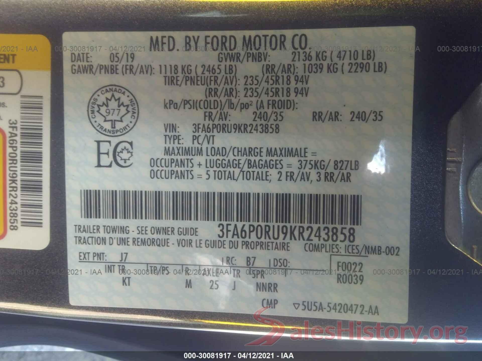 3FA6P0RU9KR243858 2019 FORD FUSION HYBRID