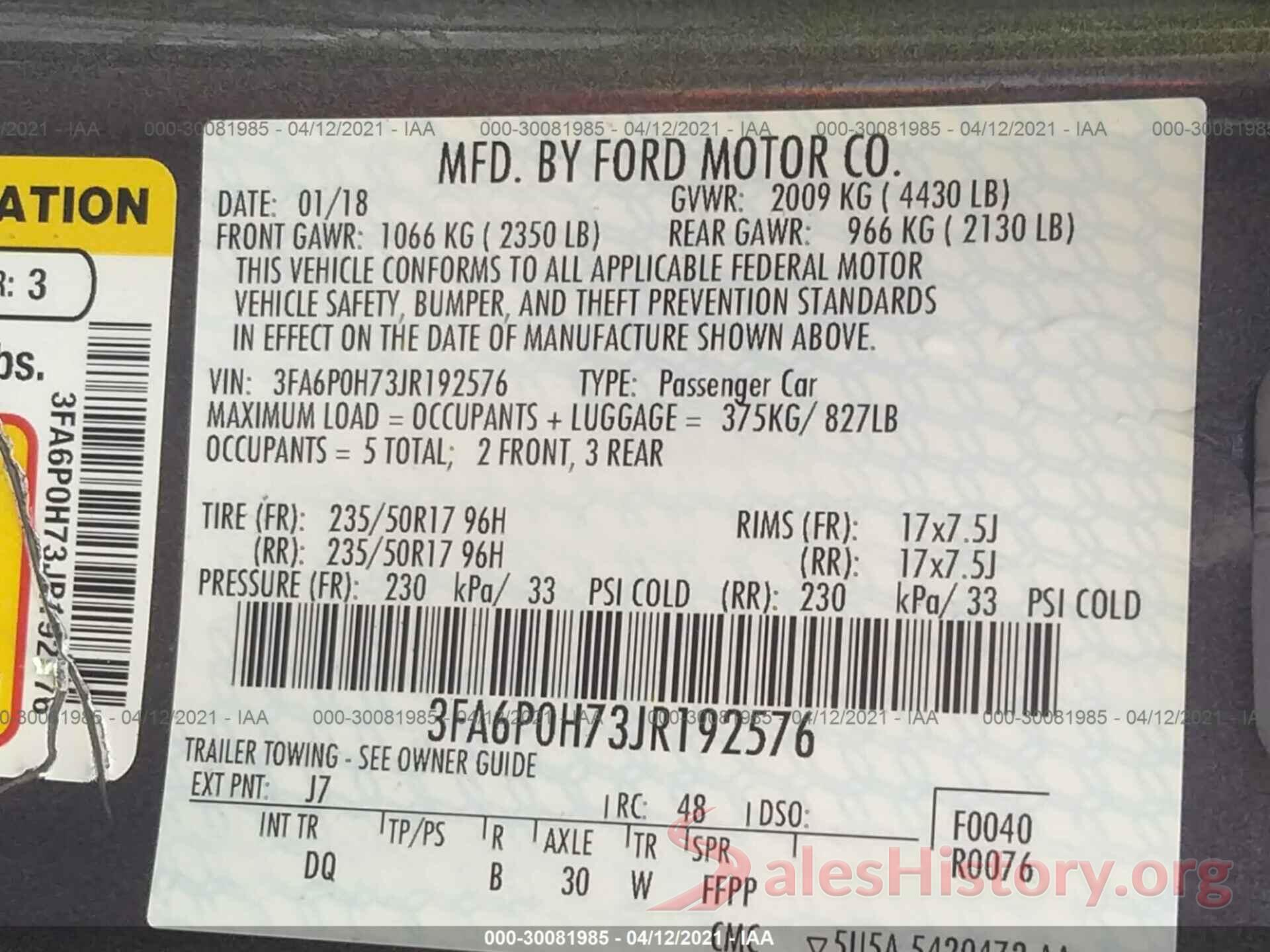 3FA6P0H73JR192576 2018 FORD FUSION