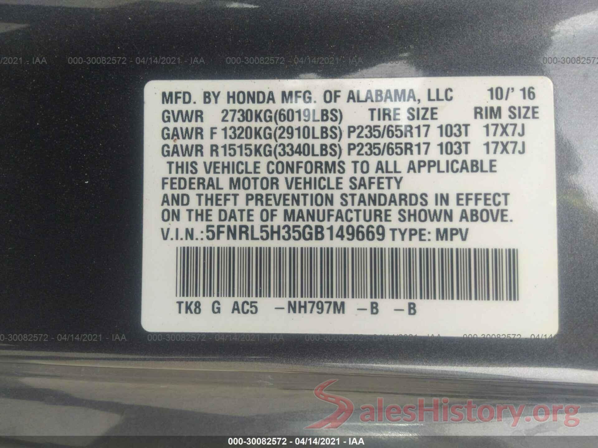 5FNRL5H35GB149669 2016 HONDA ODYSSEY