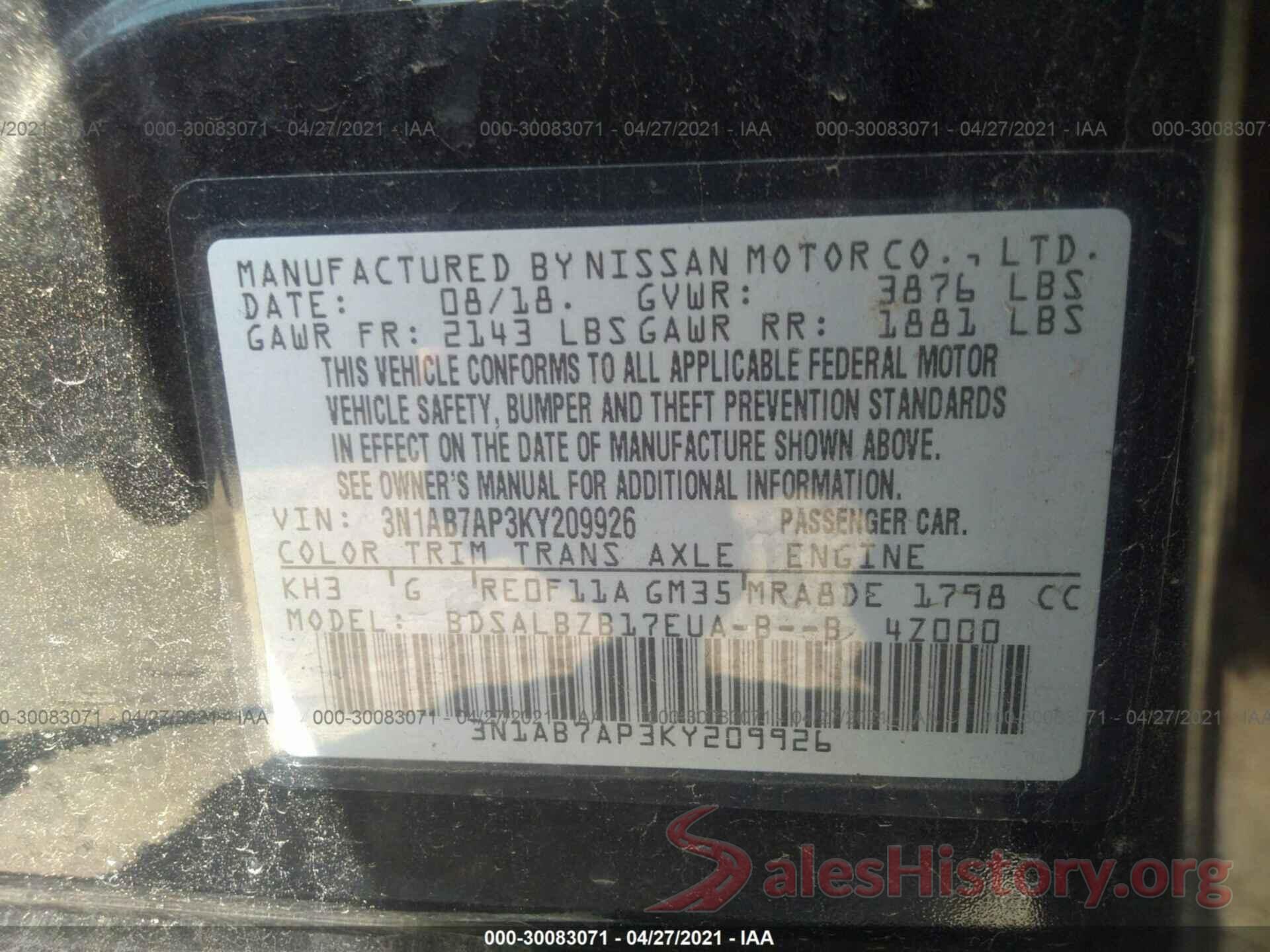 3N1AB7AP3KY209926 2019 NISSAN SENTRA