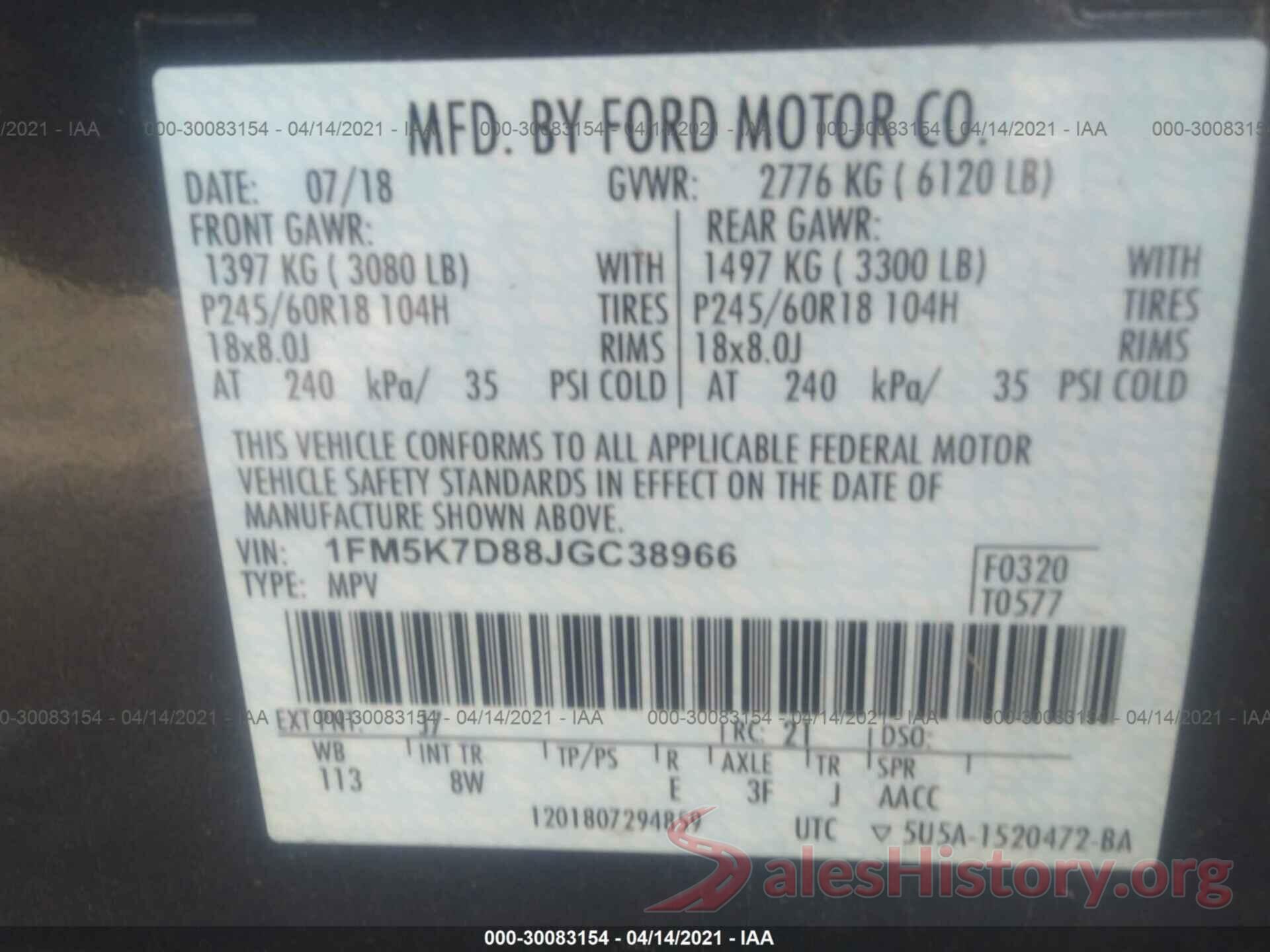 1FM5K7D88JGC38966 2018 FORD EXPLORER