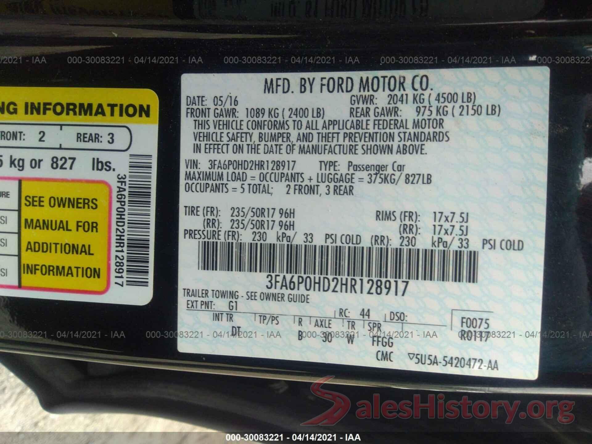 3FA6P0HD2HR128917 2017 FORD FUSION