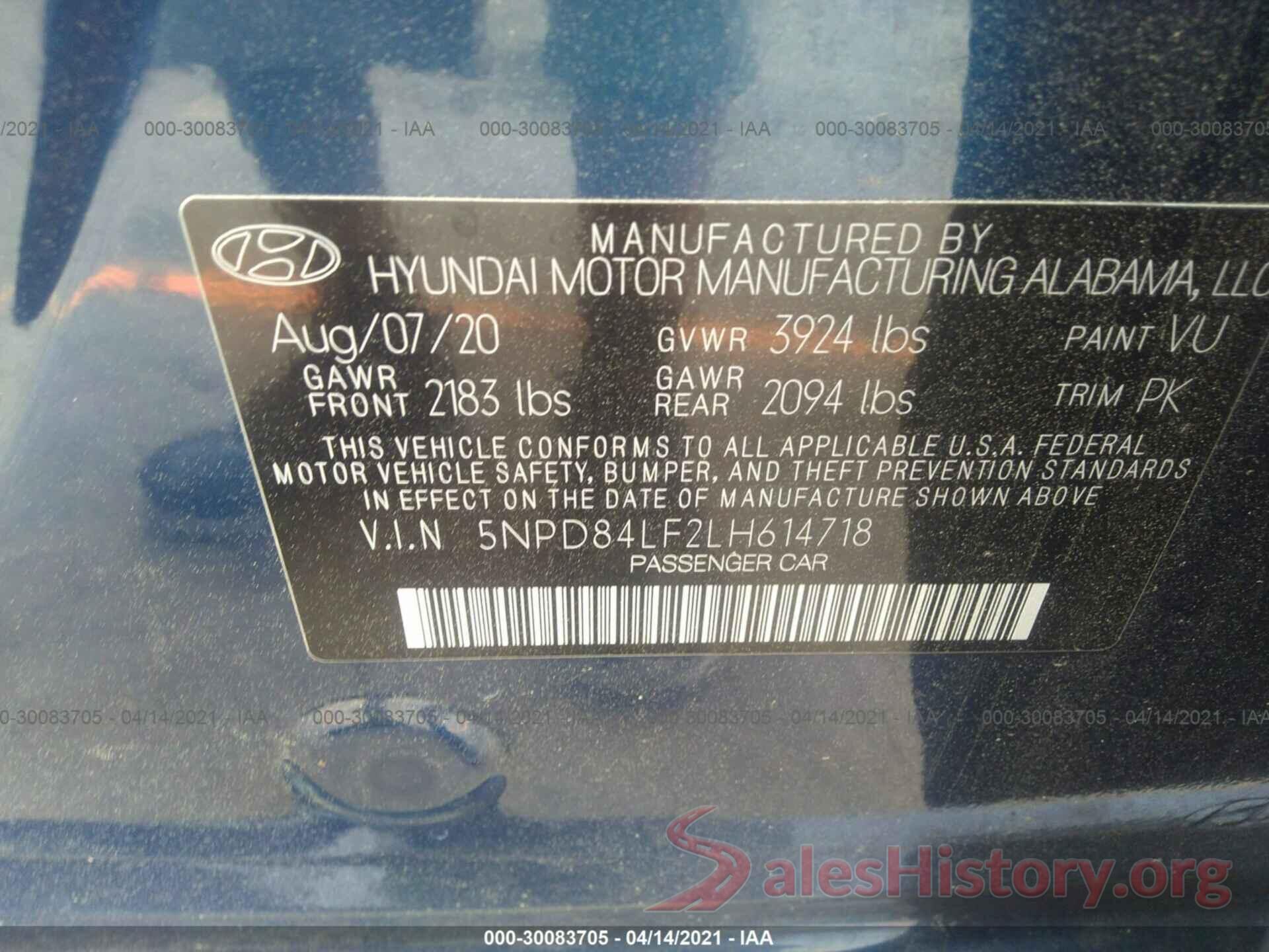 5NPD84LF2LH614718 2020 HYUNDAI ELANTRA