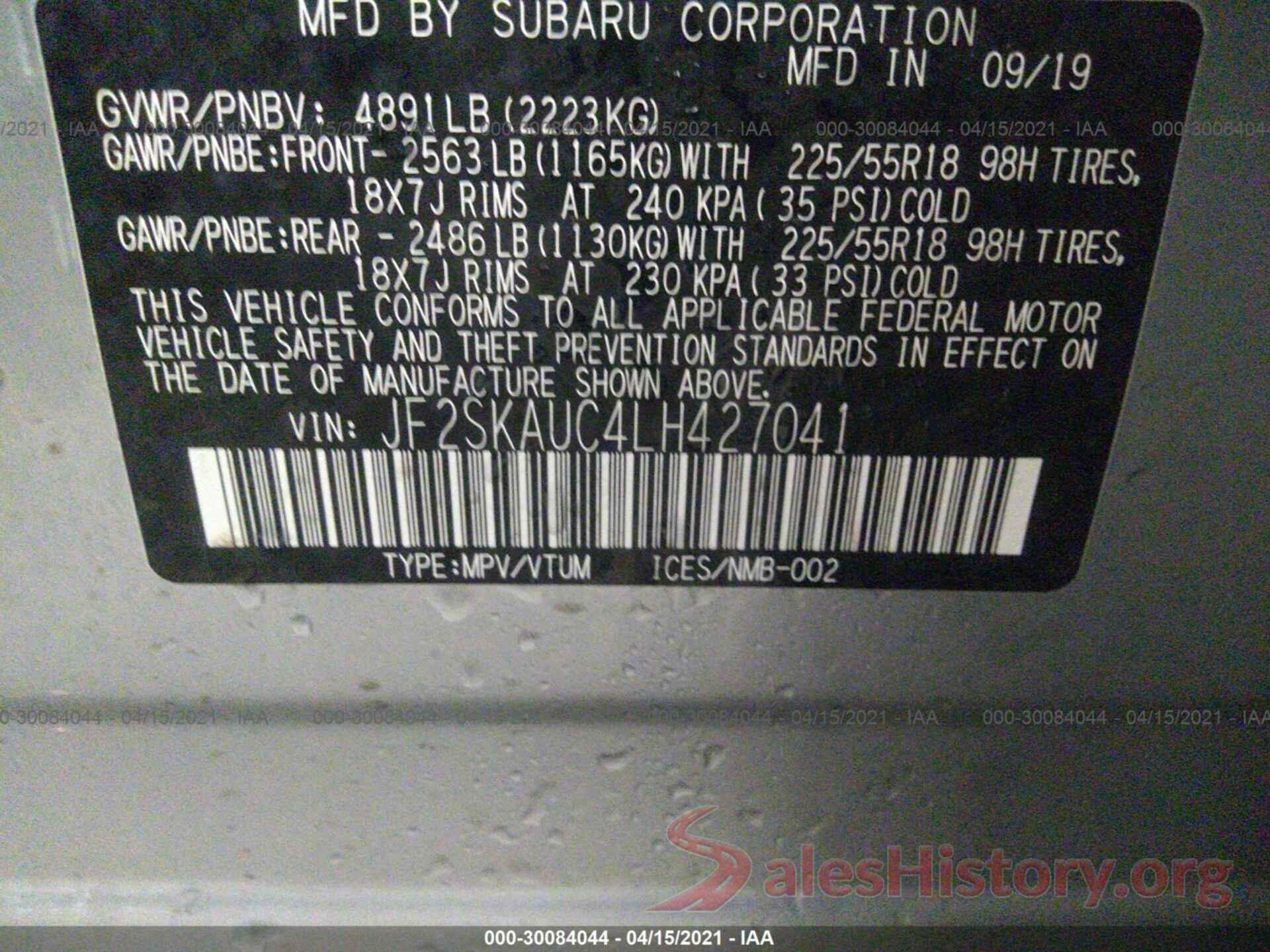 JF2SKAUC4LH427041 2020 SUBARU FORESTER