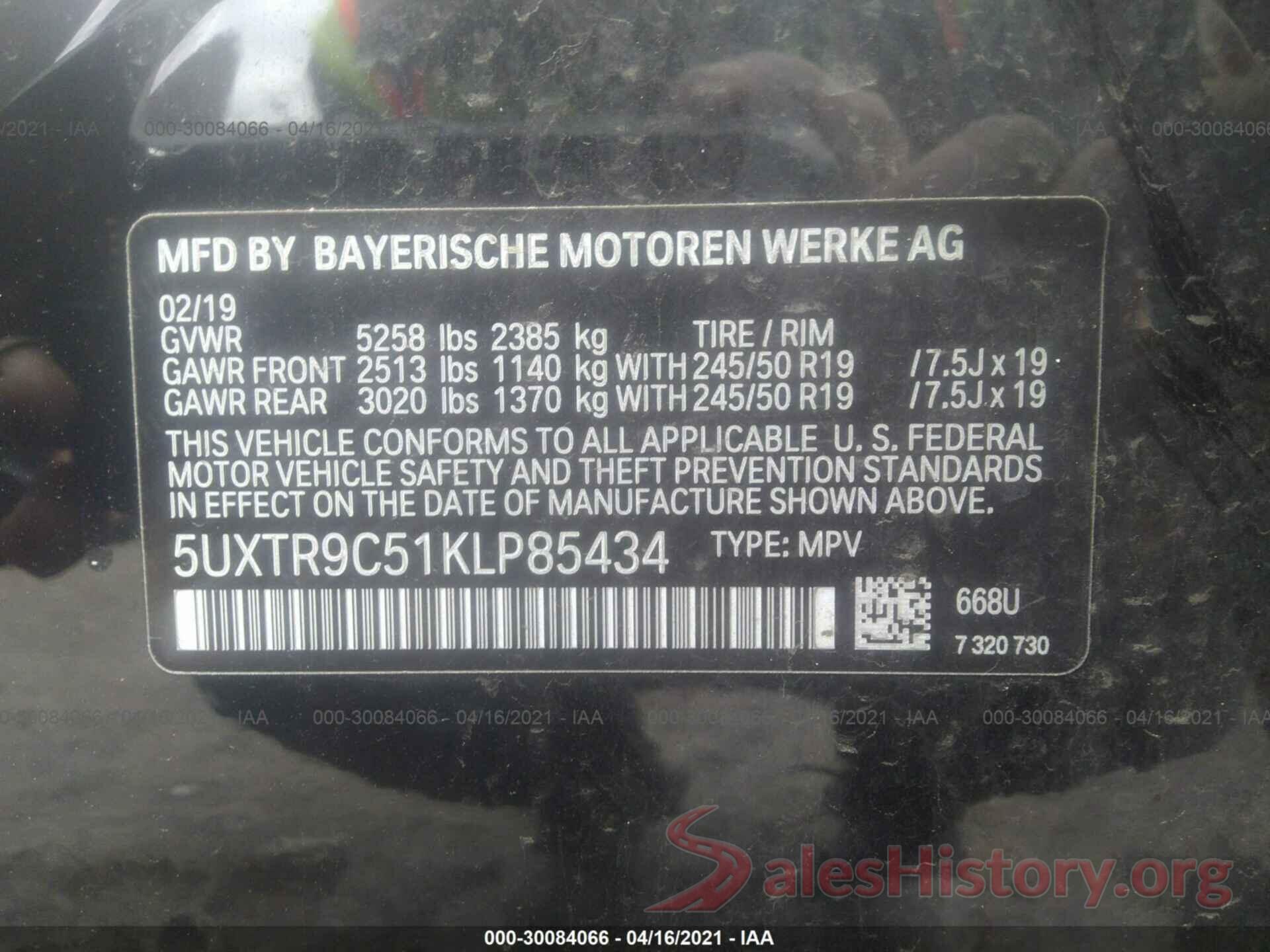 5UXTR9C51KLP85434 2019 BMW X3