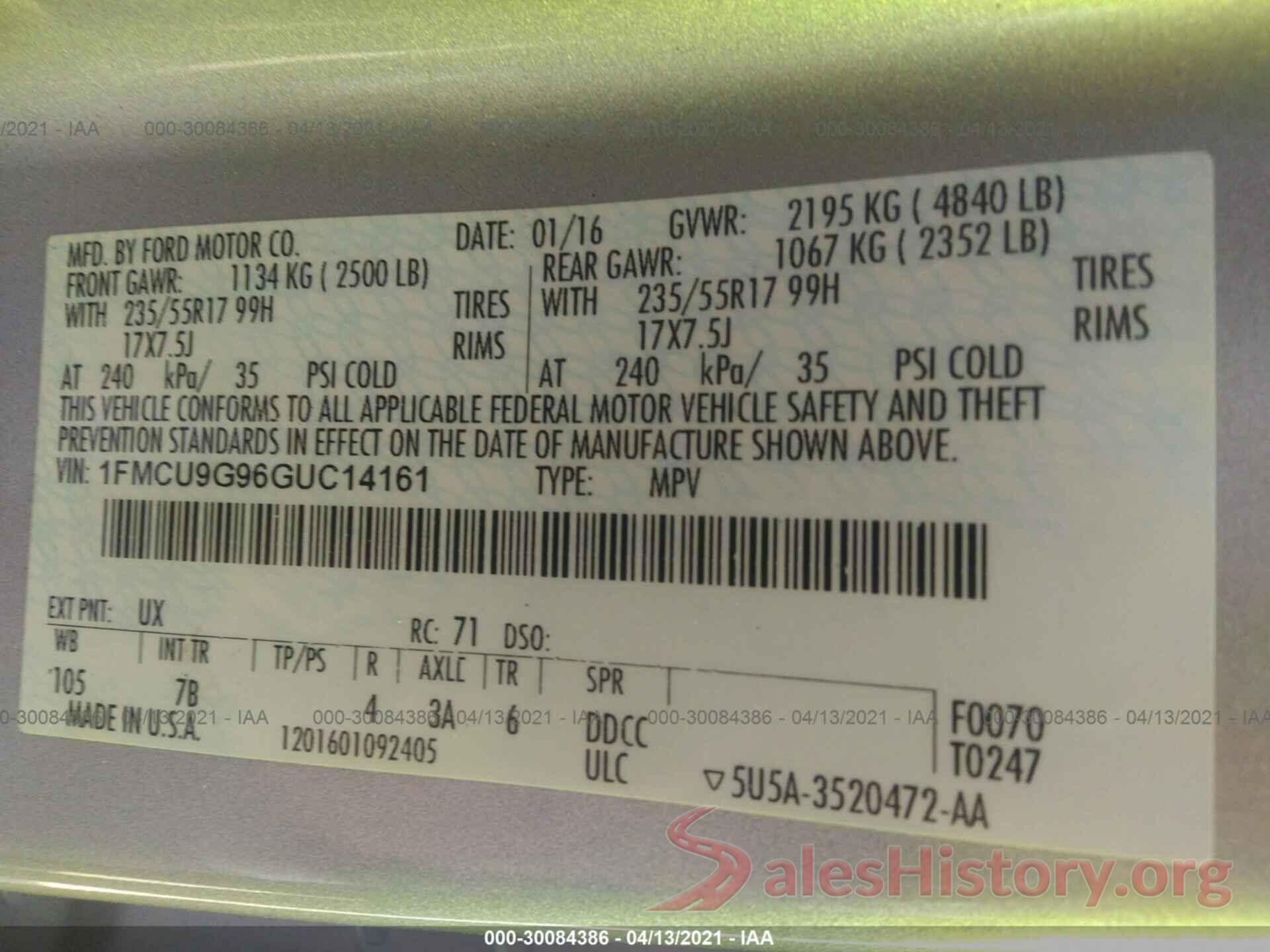 1FMCU9G96GUC14161 2016 FORD ESCAPE